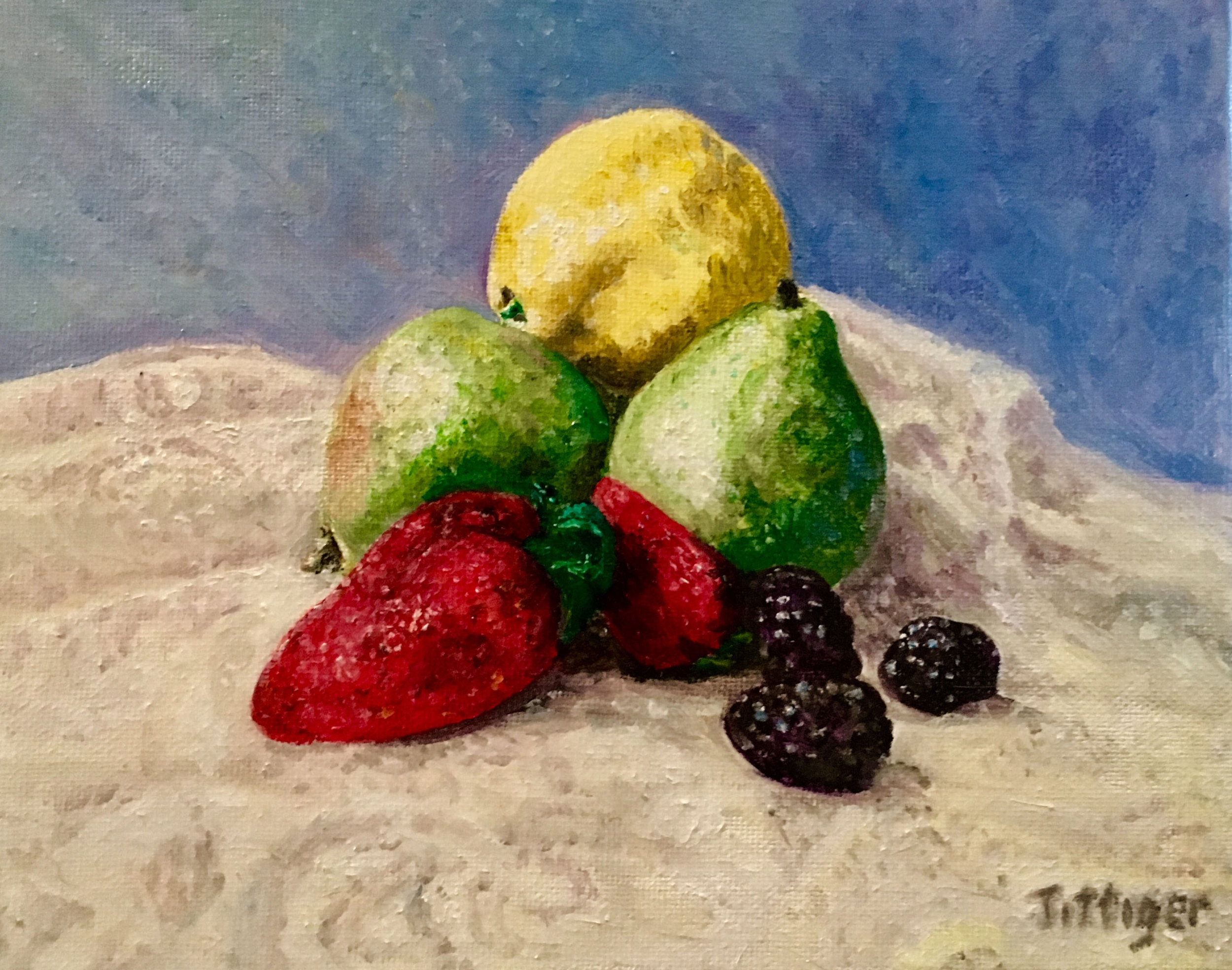 FRUIT MEDLEY This is a still life of fruit. I arranged the fruit over lace and painted this in oil. It is not framed. As with all my oils, it is varnished to protect the colors.