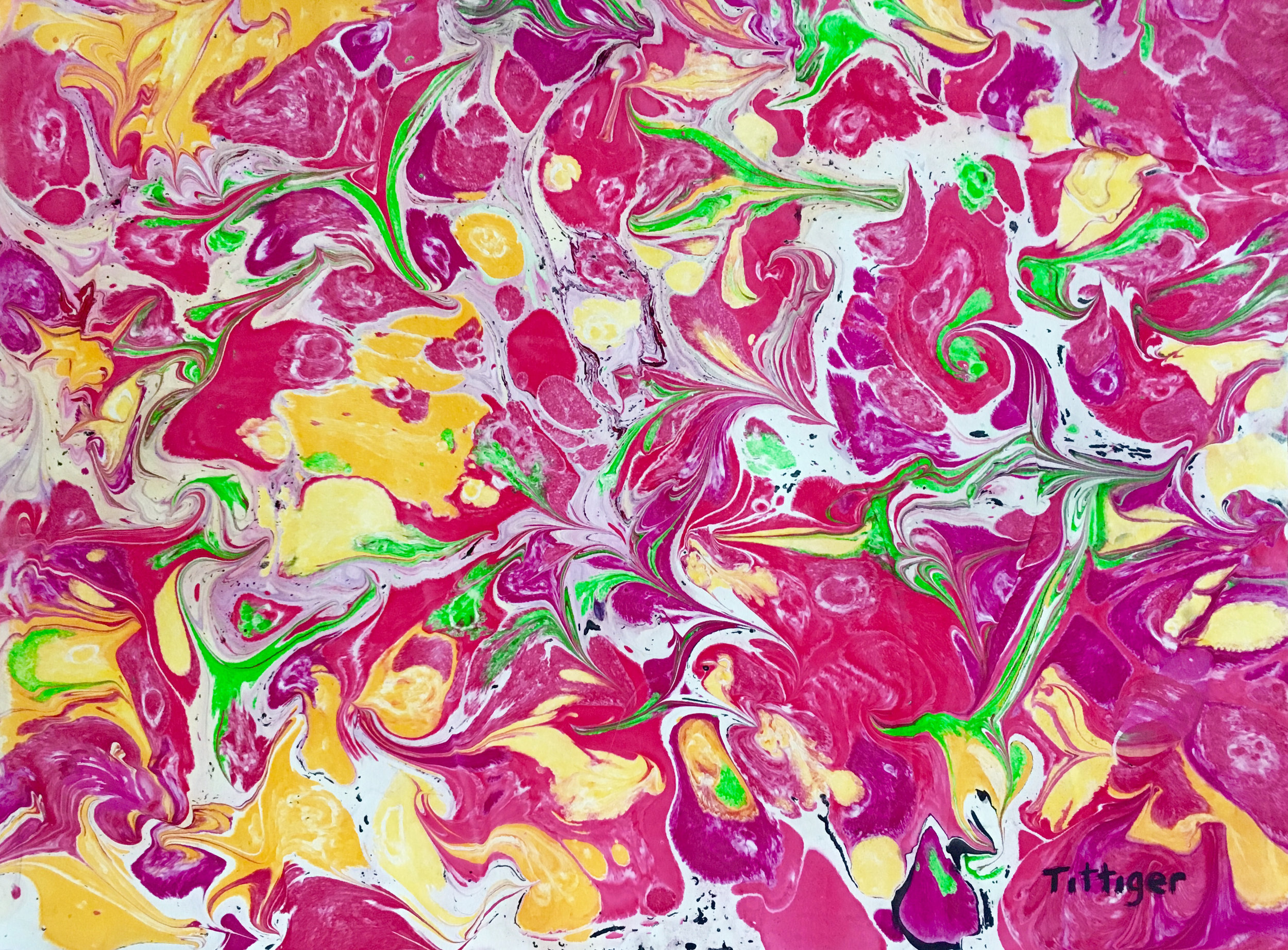 FLAMINGO This is an 18 x 24 acrylic marbling rich in color and looks like a flock of flamingos.