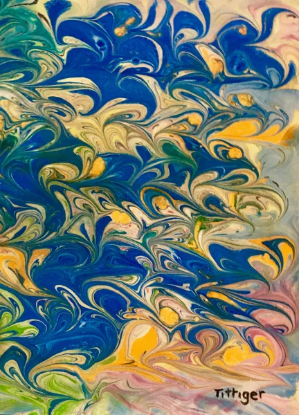 WAVES 2 This is a 12 x 9 acrylic marbling with vibrant blues.
