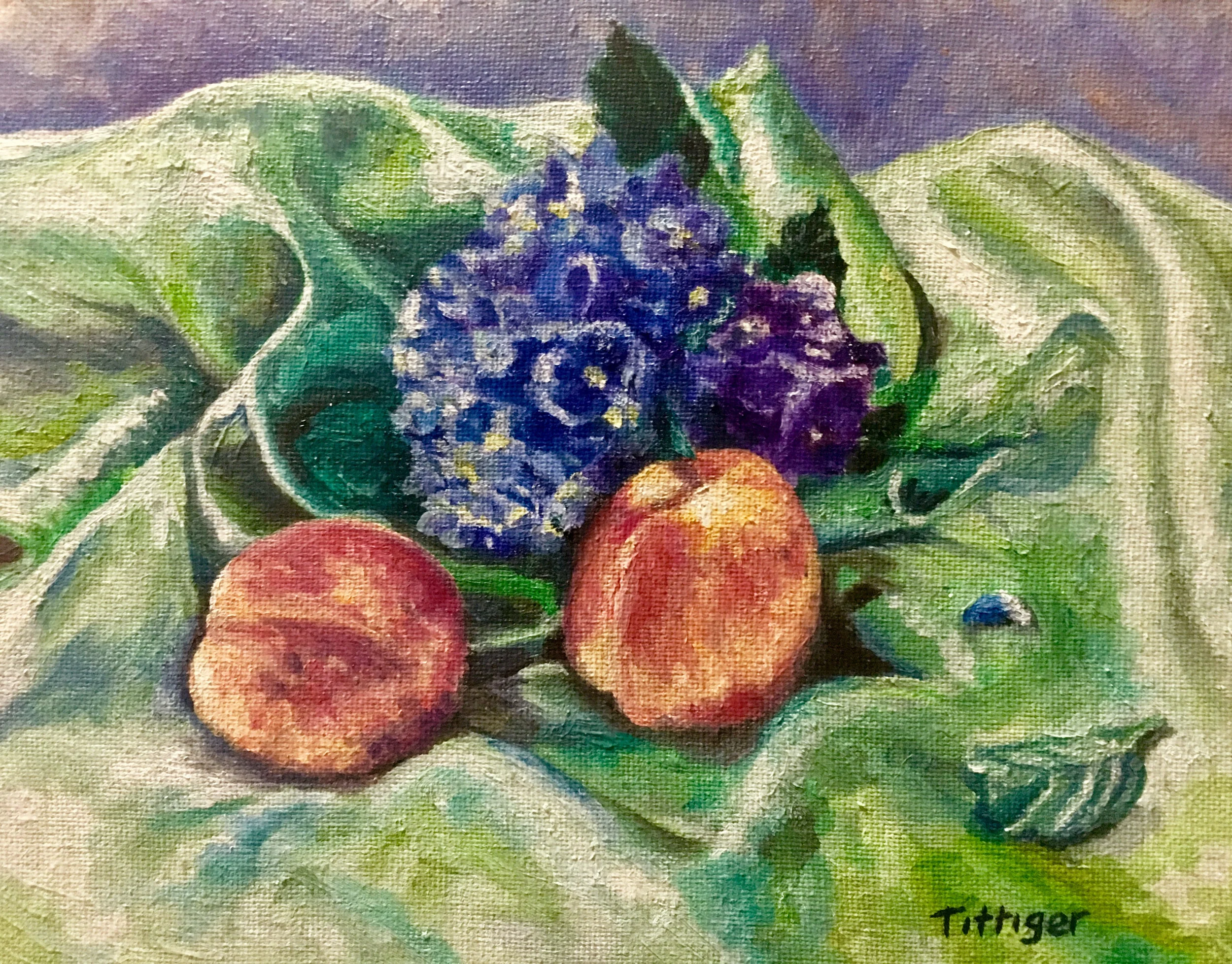 SATIN AND PEACHES This is an 8 x 10 still life oil painting. I like how the colors compliment each other.