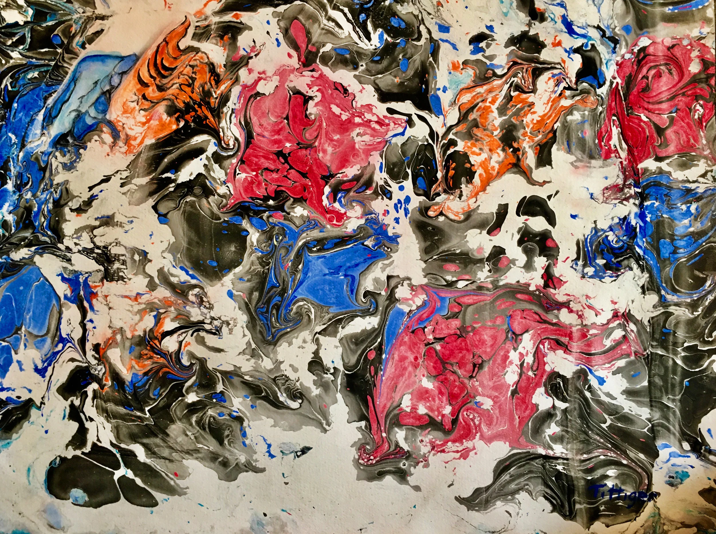UMBRELLAS This is a 16 x 20 acrylic marbling. The thought was to create umbrellas in the rain.