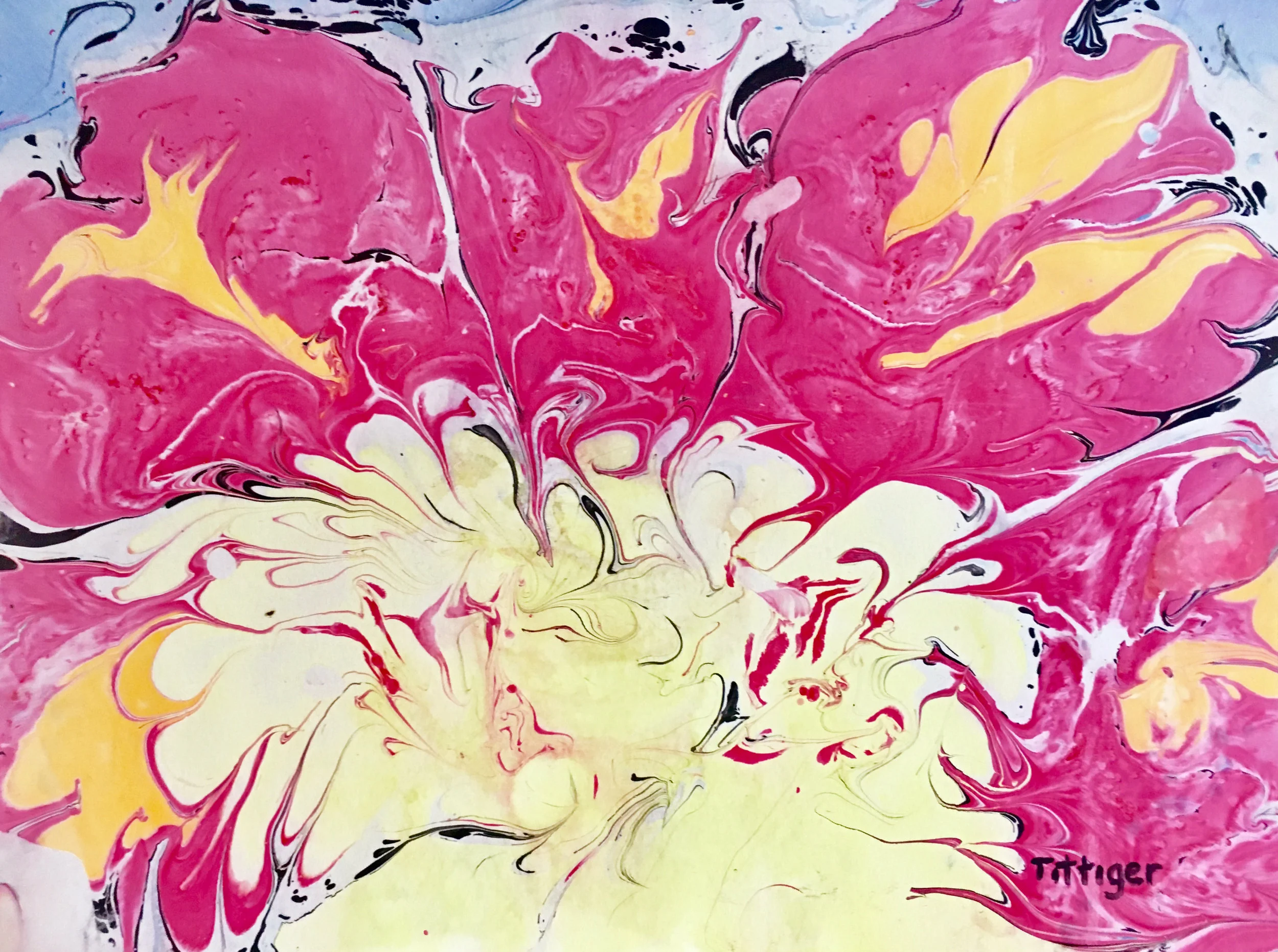 PEONY This is an 18 x 24 Acrylic Marbling. This is a large floral painting. It looks like the center of a peony.