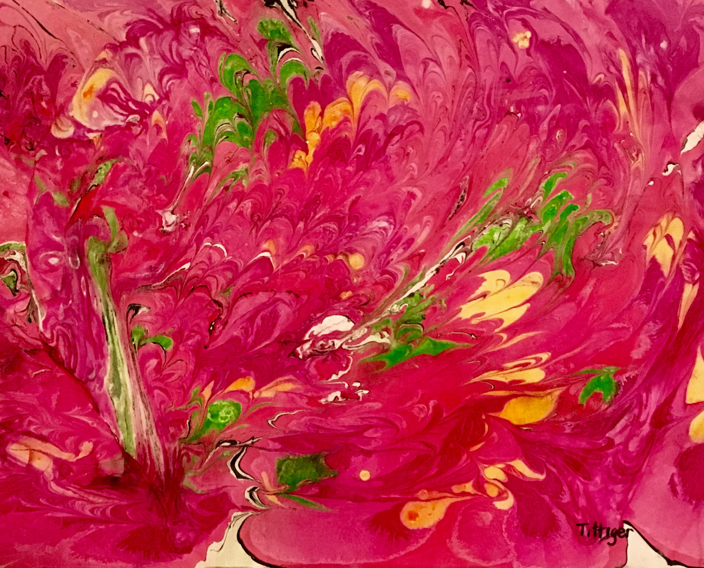 FLAMINGO This is an acrylic marbling with the use of acrylic ink as well. It reminded me of pink flamingos.