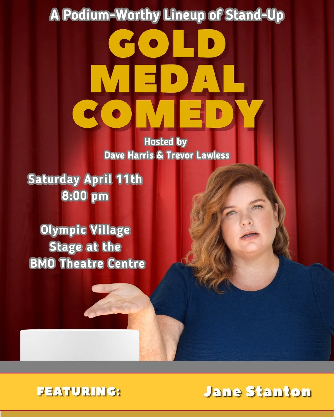 Jane Stanton is on @goldmedalcomedy! Jane is a top Canadian headliner with a #1 comedy album and appearances at Just For Laughs and festivals across North America. Alongside her stand-up, she&rsquo;s appeared on CBC&rsquo;s The Debaters and acted in 