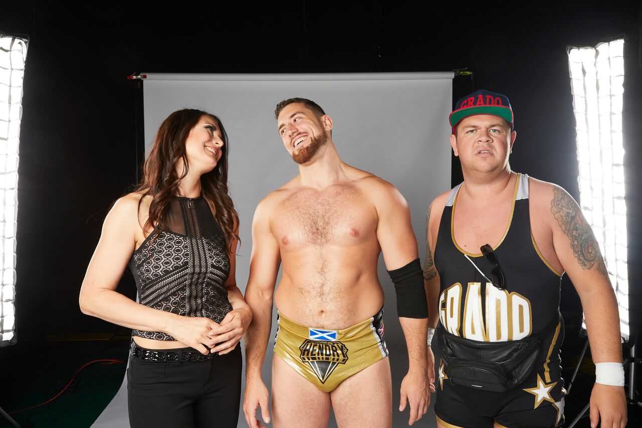 Joe Hendry, center, along with Katarina, left, and Grado are aligned together in IMPACT Wrestling (Photo courtesy of IMPACTWrestling.com)