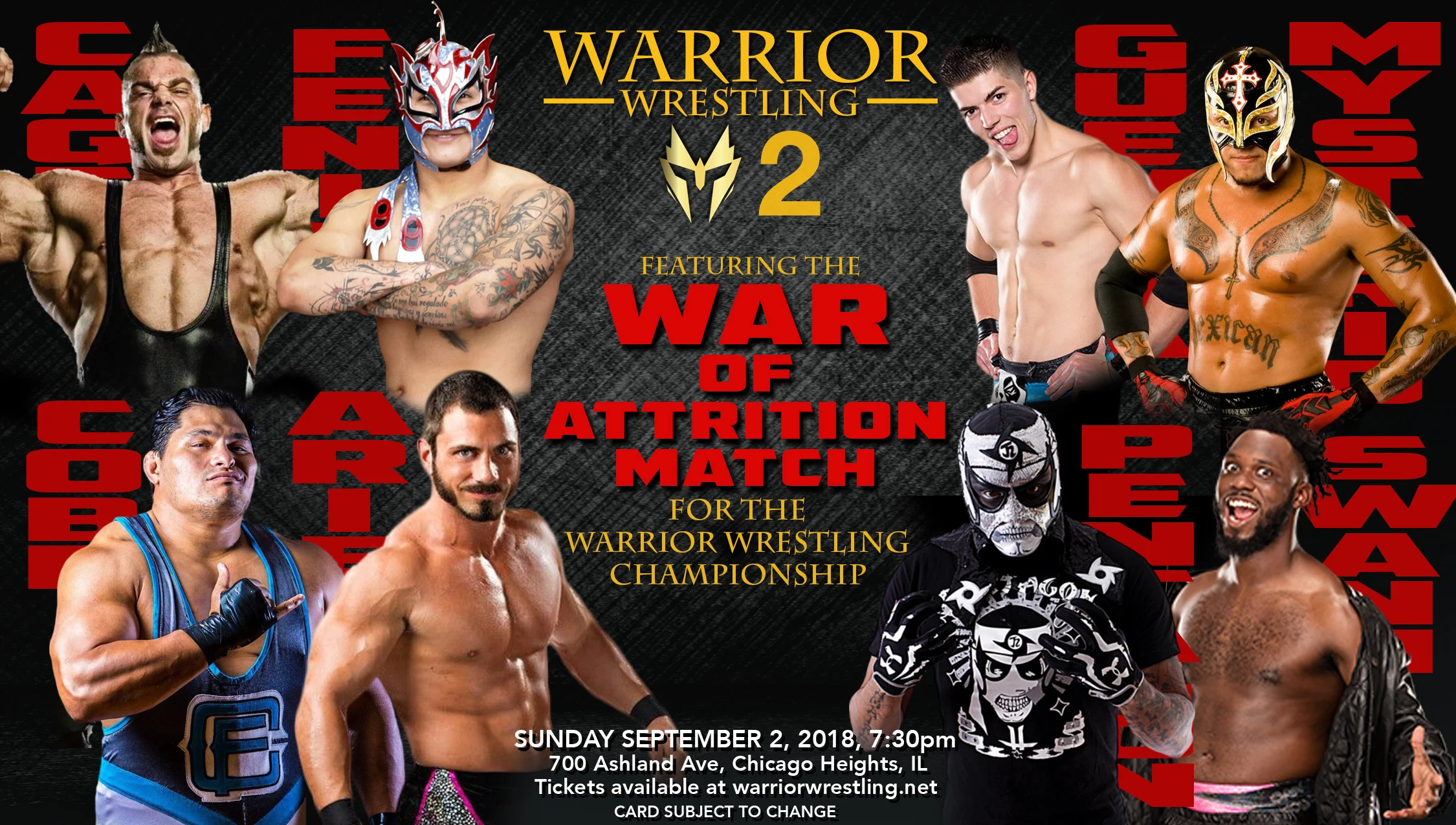 The main event of Warrior Wrestling 2 features the War of Attrition Match featuring Brian Cage (from top left, clockwise), Fenix, Sammy Guevara, Rey Mysterio, Rich Swann, Pentagon Jr., Austin Aries and Jeff Cobb. (Photo courtesy of Warrior Wrestling)