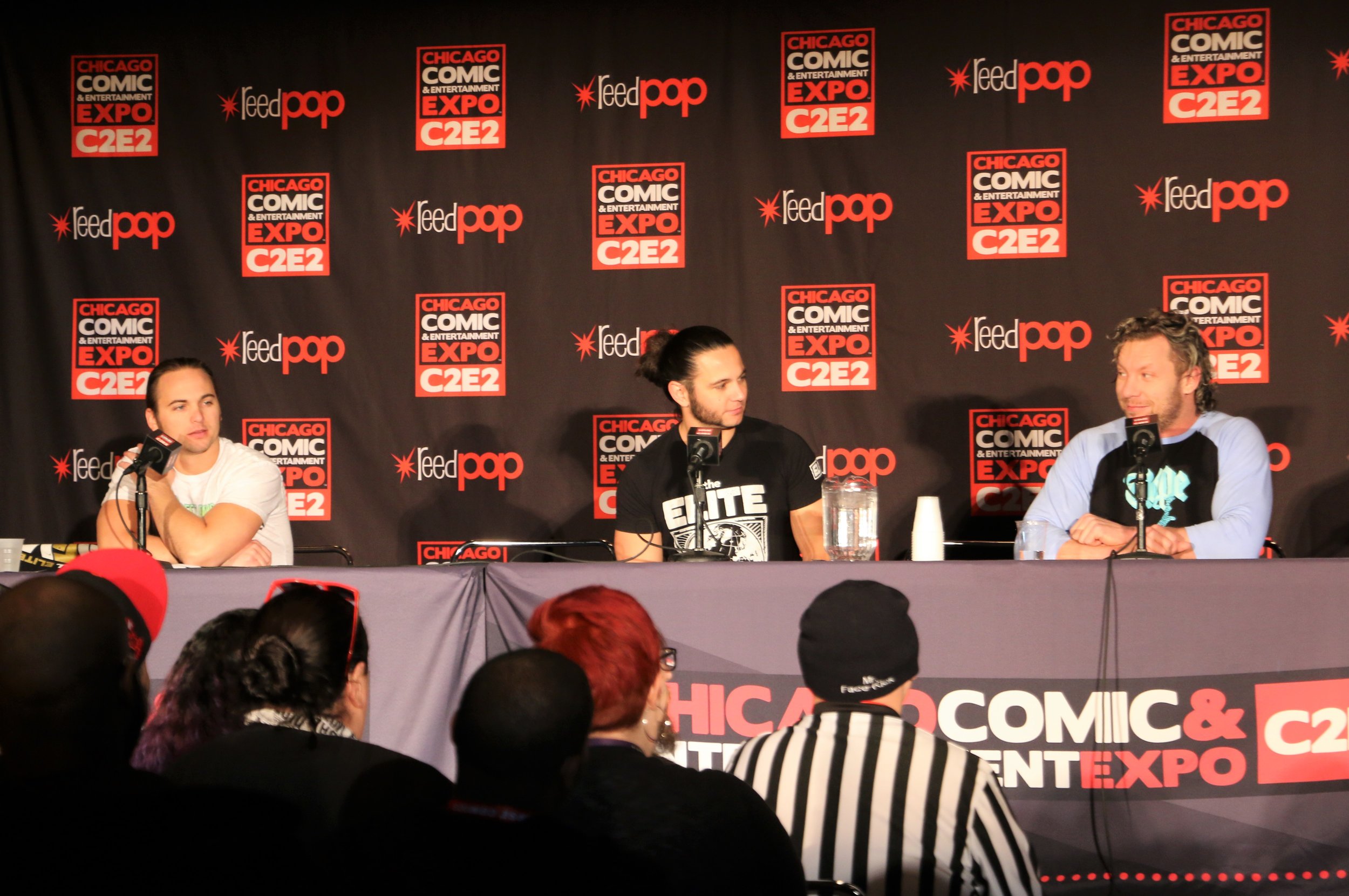  Nick Jackson, from left, Matt Jackson and Kenny Omega during the All Elite Wrestling panel. 