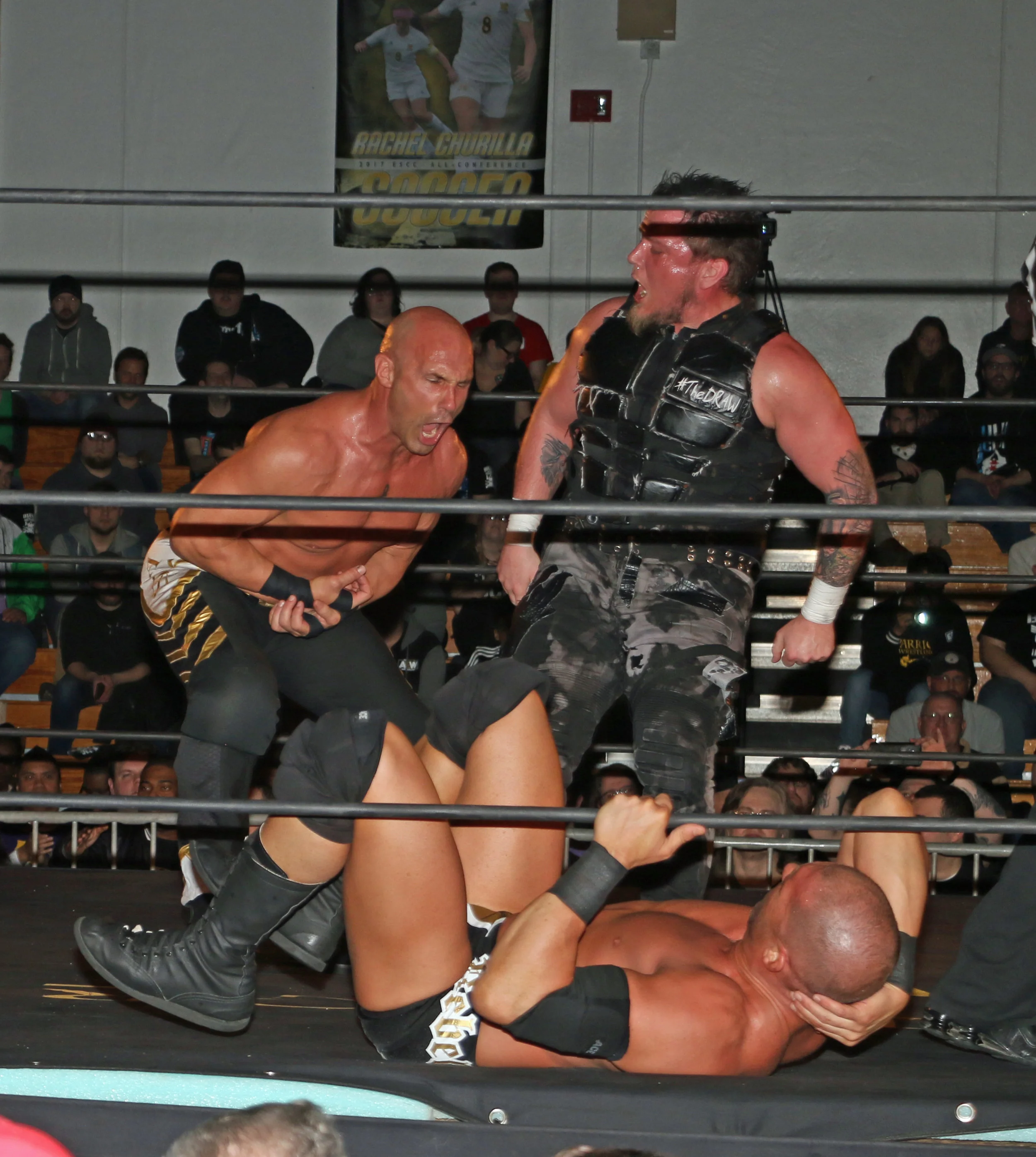 Sami Callihan, right, yells after delivering a blow to Christopher Daniels at Warrior Wrestling 4 in March 2019. Callihan, a fixture for IMPACT Wrestling for nearly two years, is also the current AAW Champion. (Photo by Mike Pankow)
