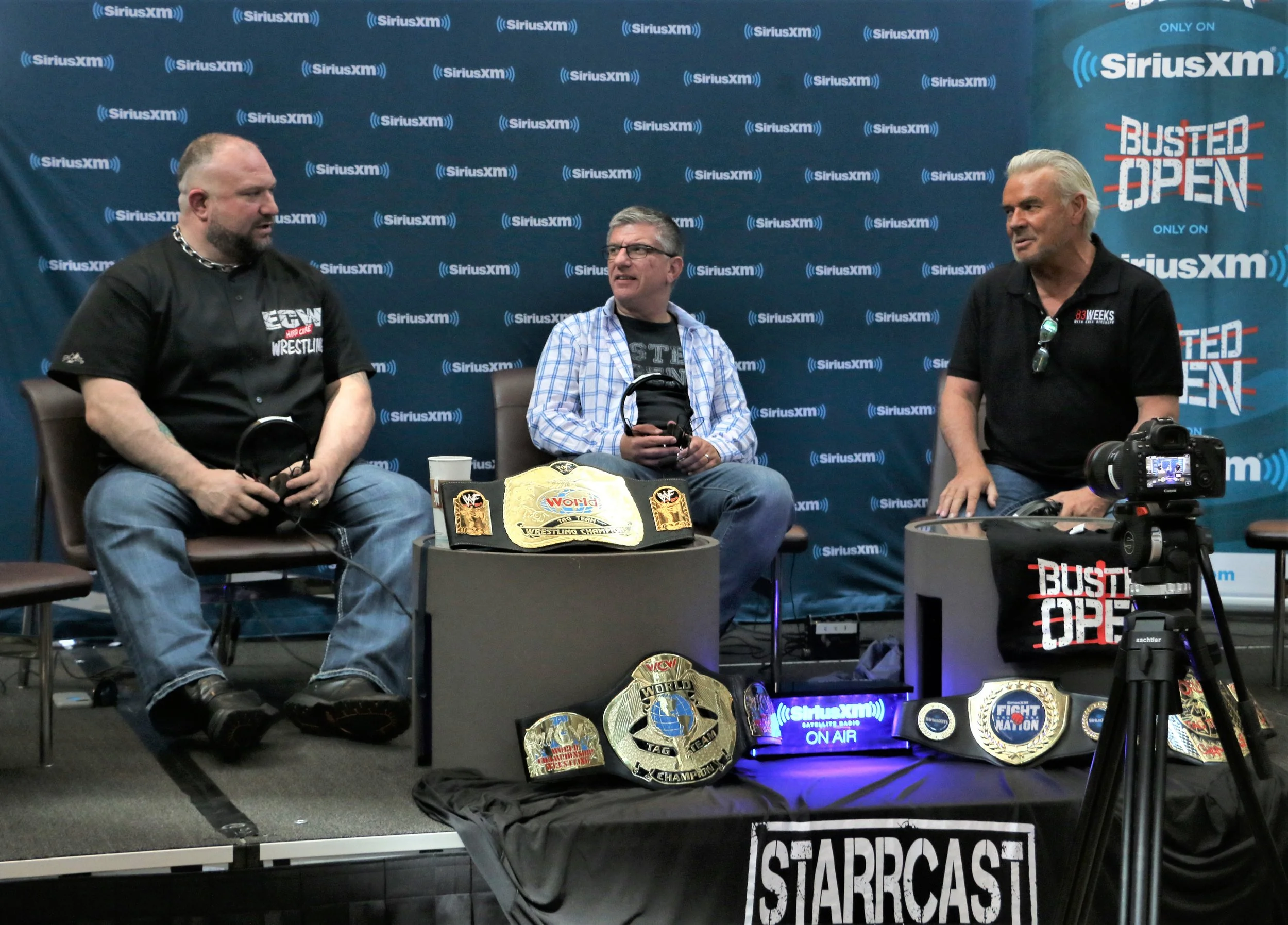 New Executive Director of SmackDown Live Eric Bischoff, right, talks with Bully Ray, left, and Dave LaGreca during a live episode of Busted Open last summer in suburban Chicago. (Photo by Mike Pankow)