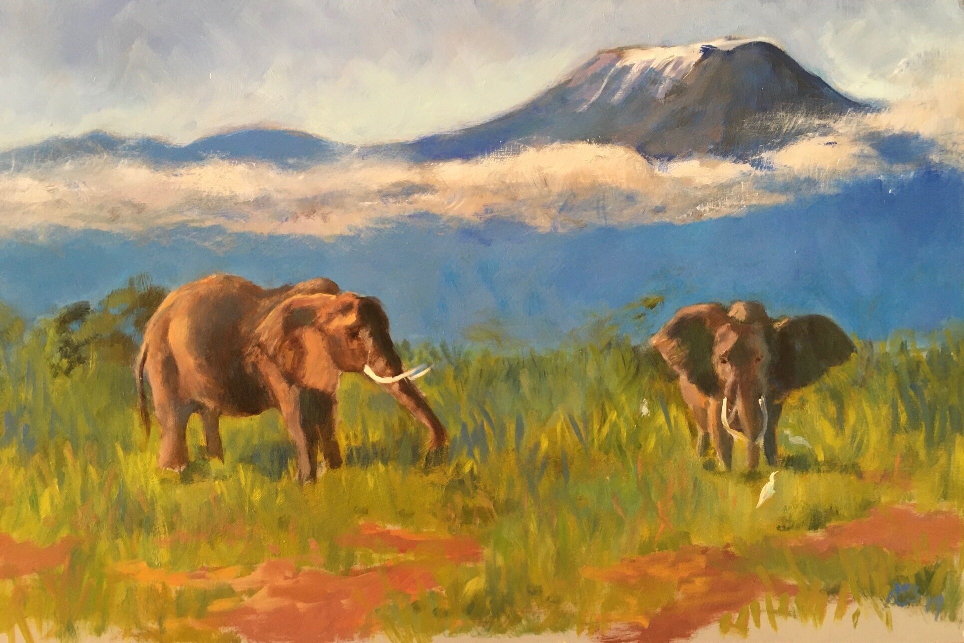 "Kilimanjaro elephants", oil on panel, 16 x 24", not available. "Elefantes del Kilimanjaro", óleo sobre tabla, 41 x 61 cm. No disponible.