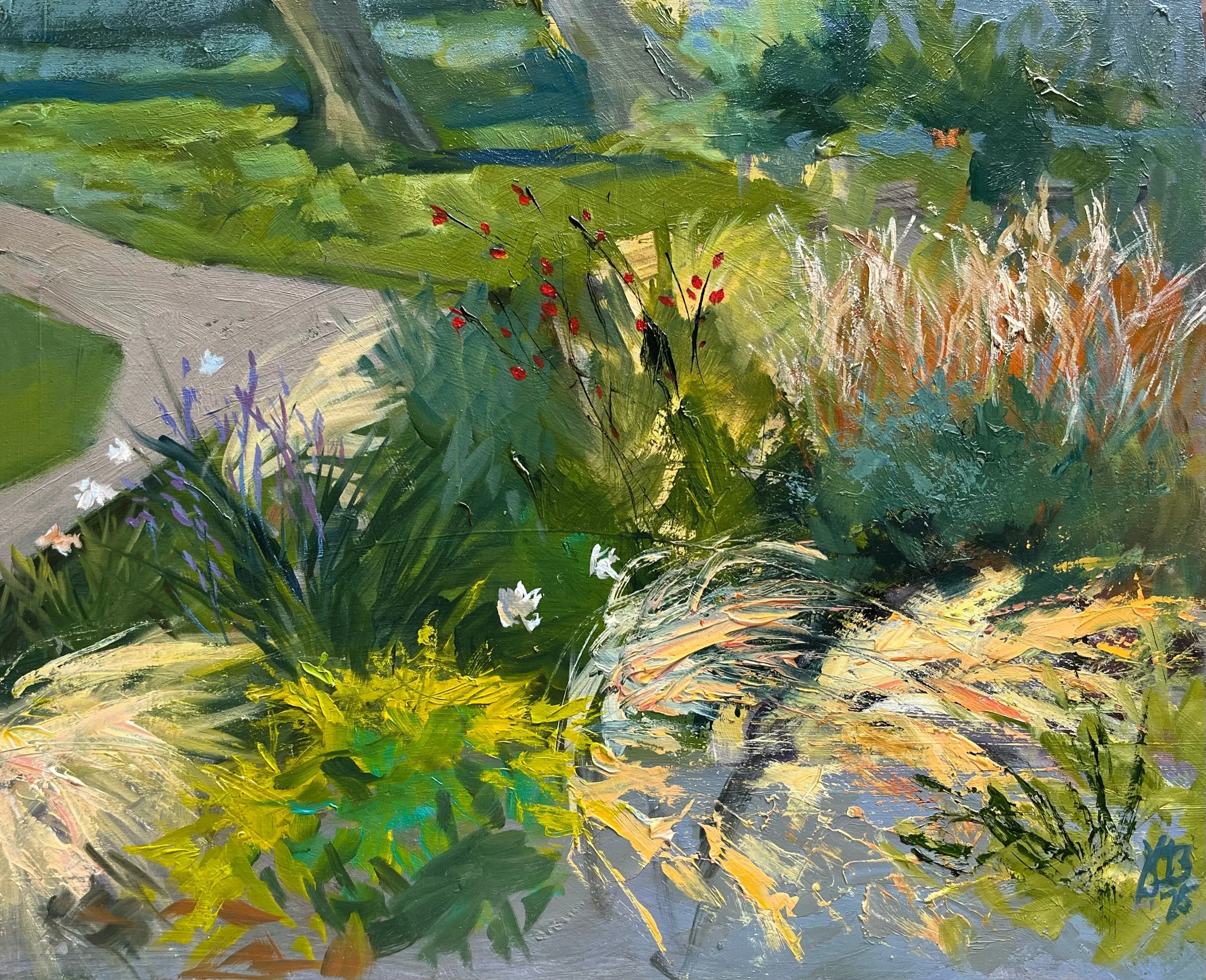 "Butterfly garden", oil on panel, 9.5 x 11.5", for sale. "Cantero de las mariposas", óleo sobre MDF, 24 x 30 cm, disponible.