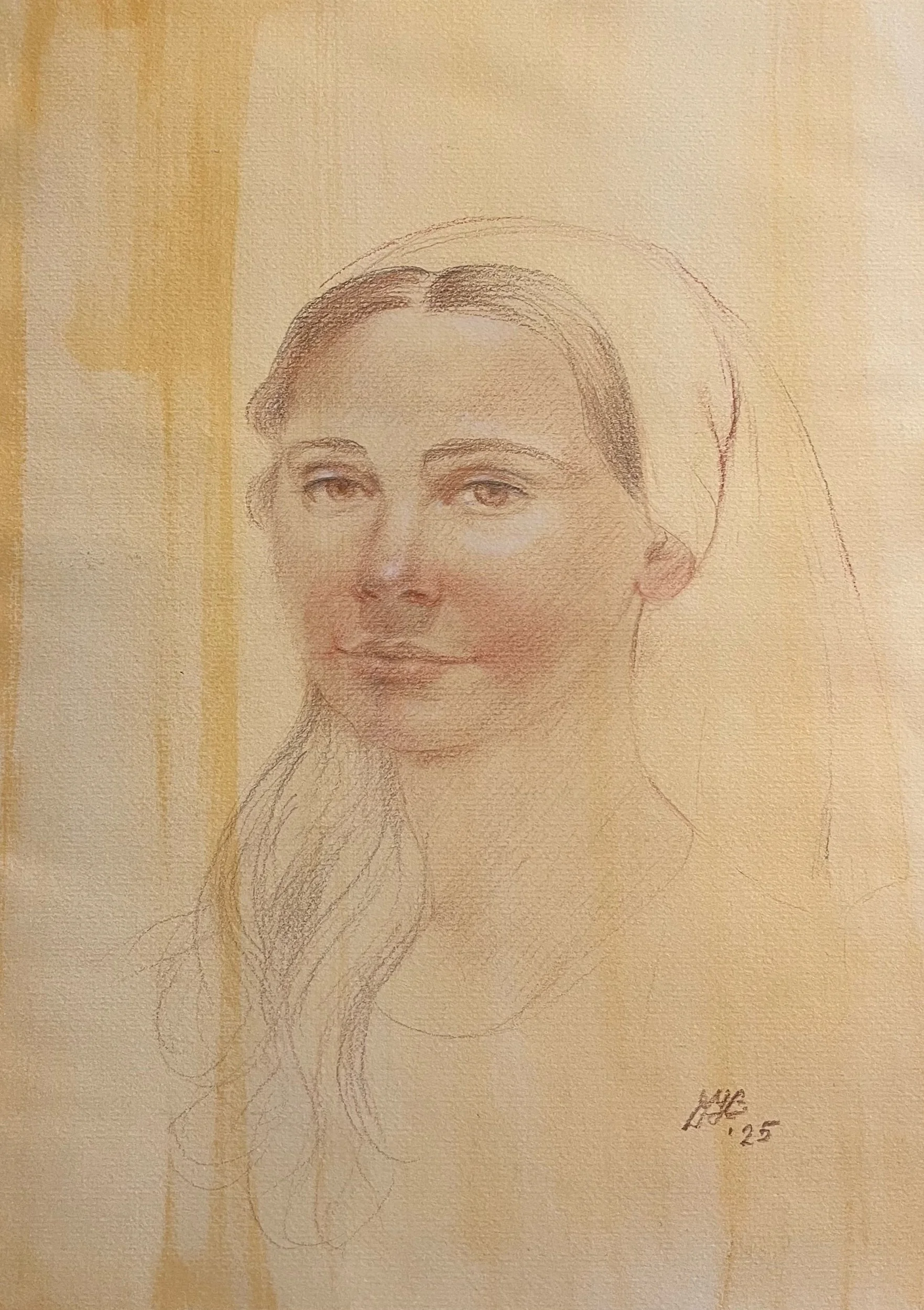 "Saint Gemma Galgani", pencils on tainted paper, 12 x 9.5". For sale. "Santa Gemma Galgani", lápices sobre papel coloreado, 32 x 23.5 cm. Disponible