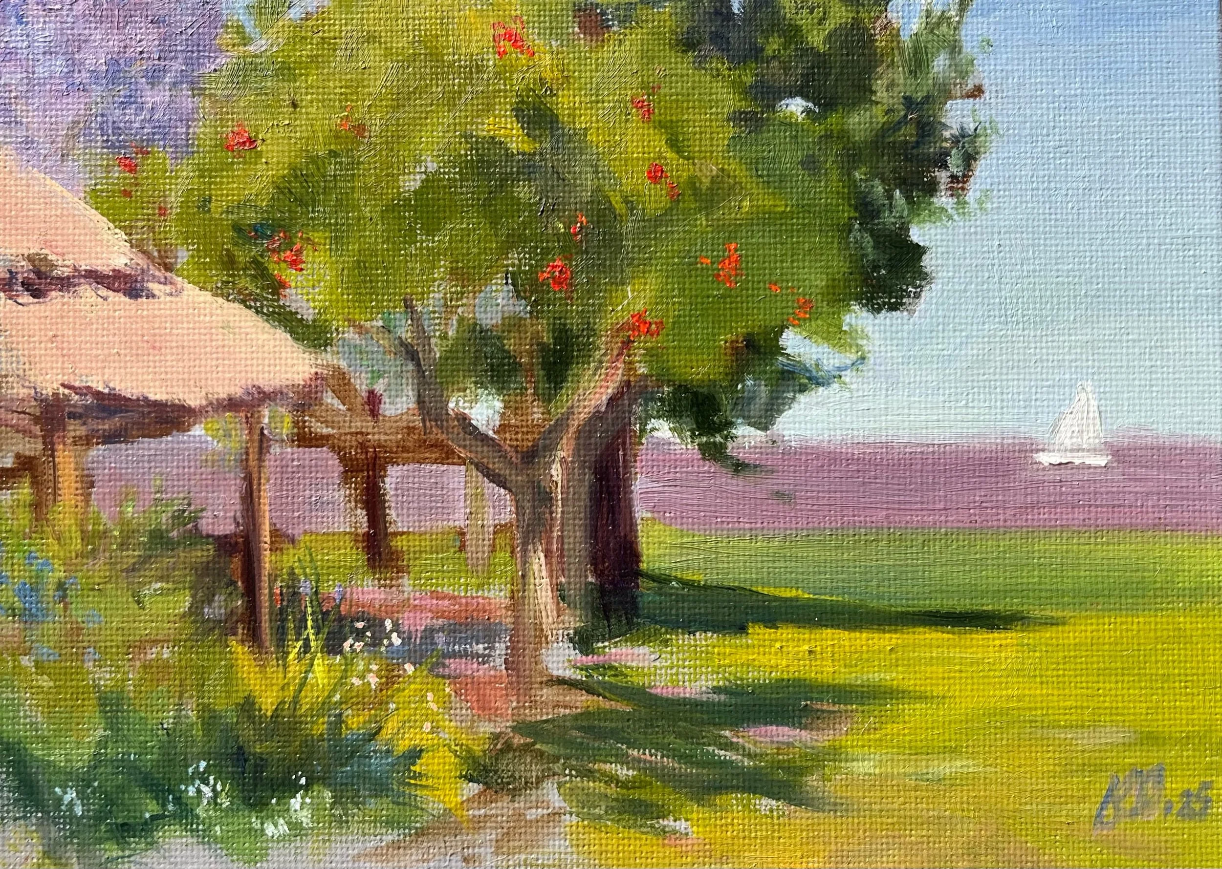 "Spring time in San Isidro", oil on cardboard, 5 x 7", "Primavera en San Isidro", óleo sobre cartón entelado, 13 x 18 cm. Disponible.