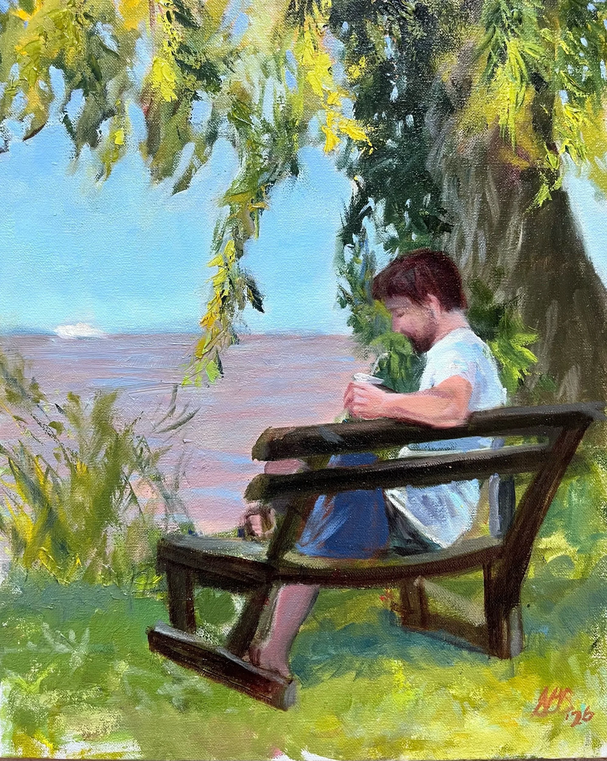 "At peace", oil on cardboard, 12 x 9.5". Available. "En paz", óleo sobre cartón entelado, 30 x 24 cm. Disponible