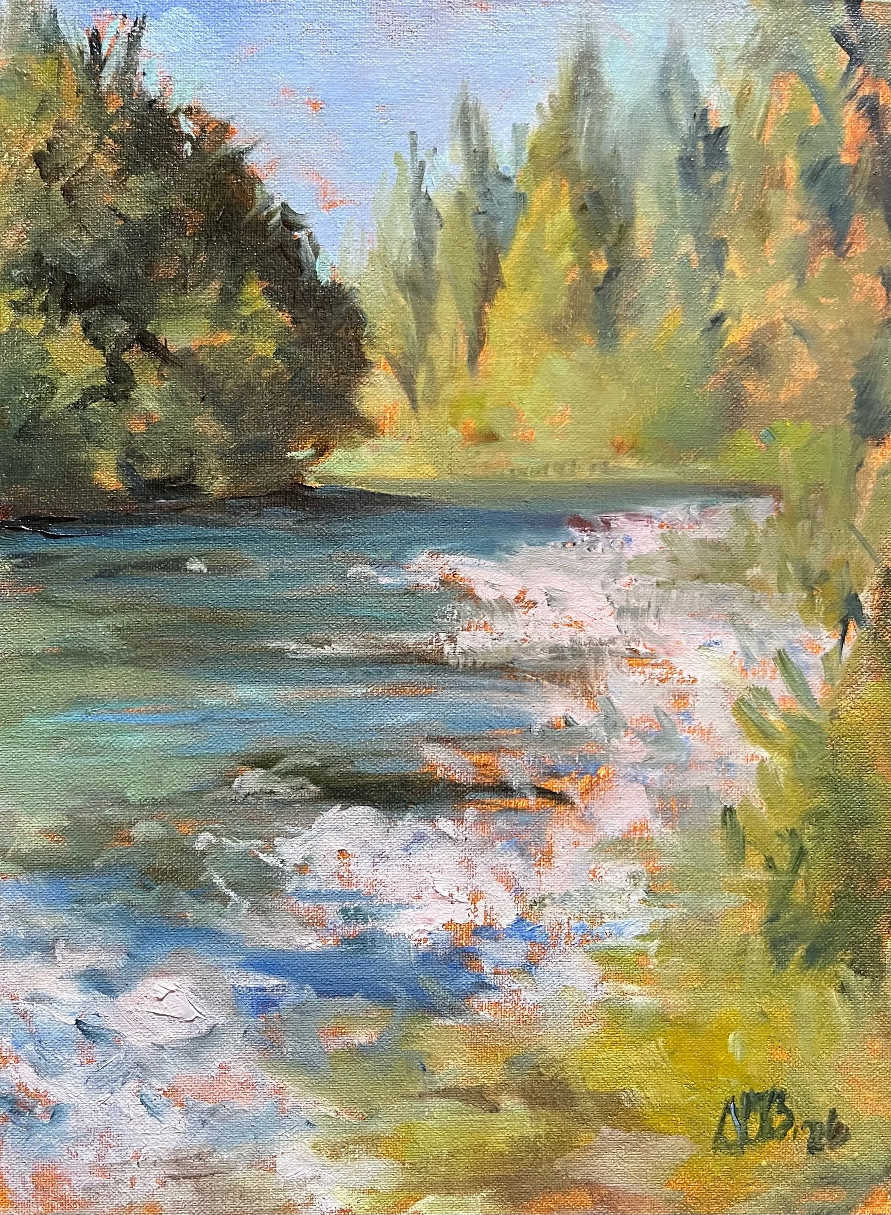 "Quilquihue river", oil on cardboard canvas, 9.5 x 7", "Rio Quilquihue", óleo sobre cartón entelado, 24 x 18 cm. No disponible.