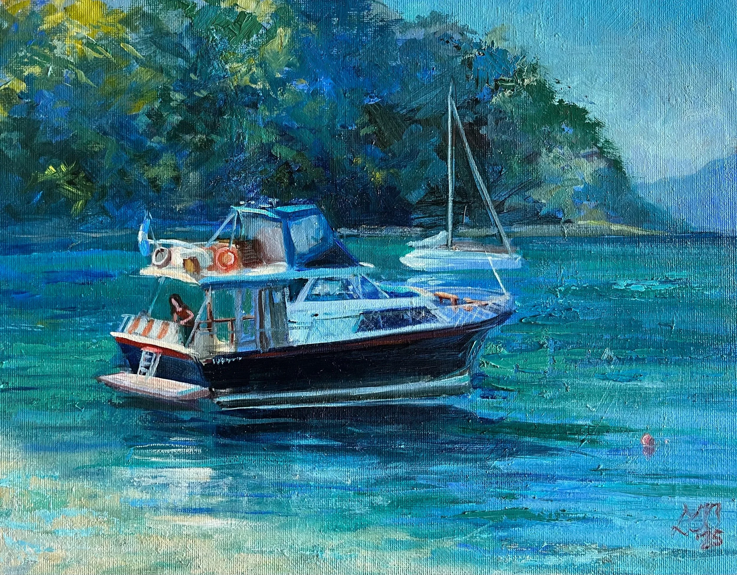 "Bahía Mansa", oil on cardboard canvas, 11 x 14". Not available. Óleo sobre cartón entelado, 27.9 x 35.6 cm. No disponible.