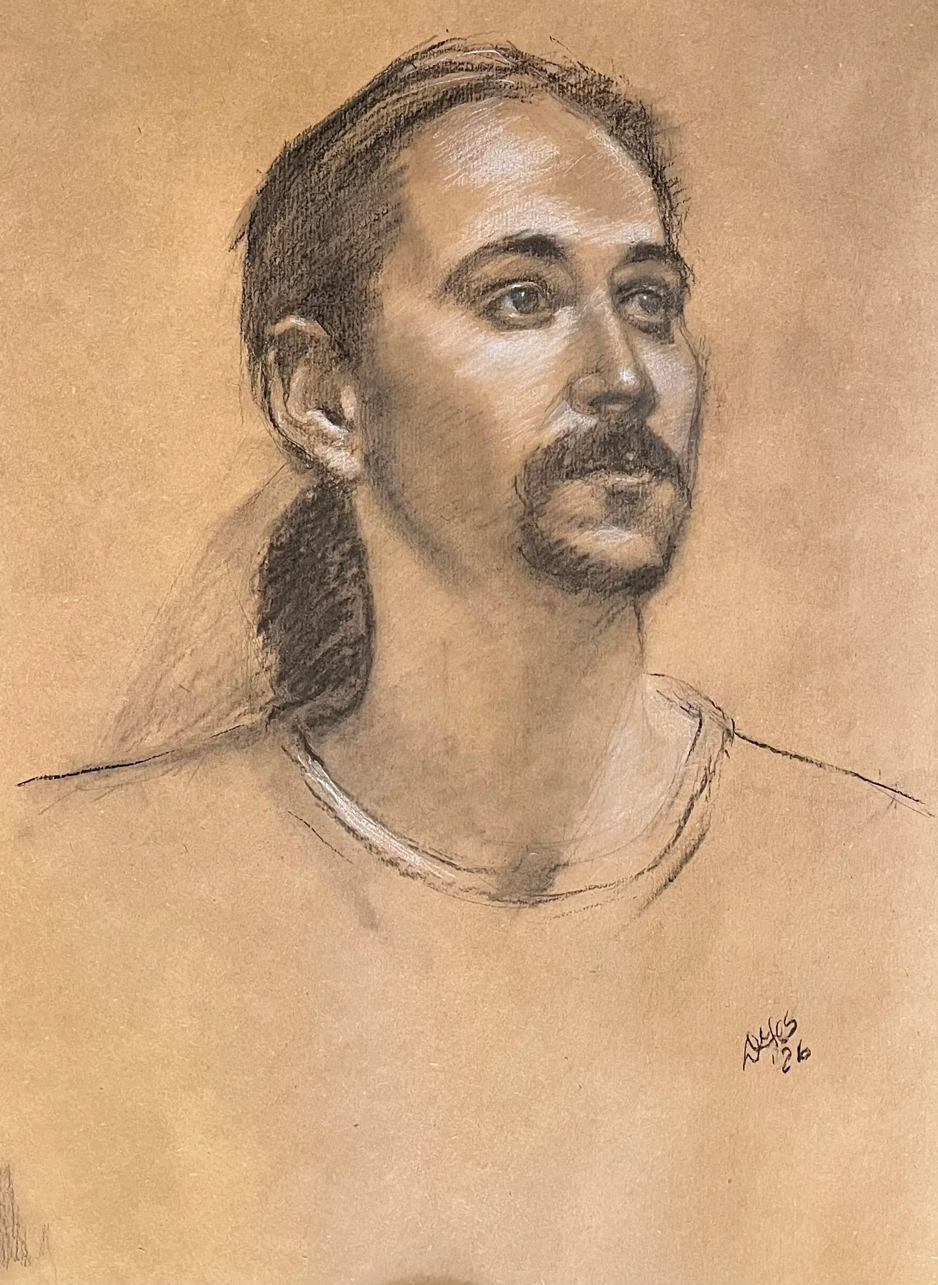 "Ramiro", charco al and white pencil on tan paper, 17 x 15". "Ramiro", carbonilla y lápiz blanco sobre papel misionero, 43 x 38 cm