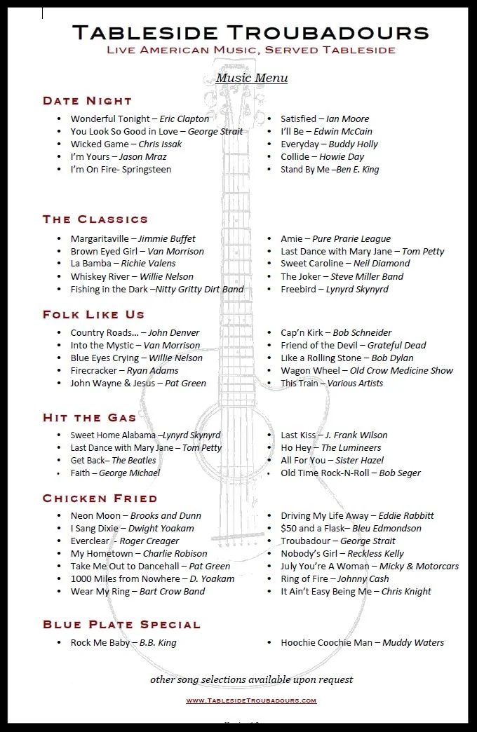 Back of Tableside Troubadours music menu