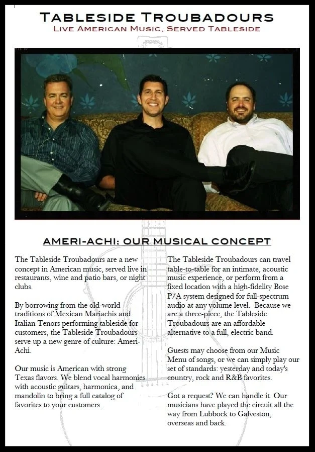 Front of Tableside Troubadours music menu