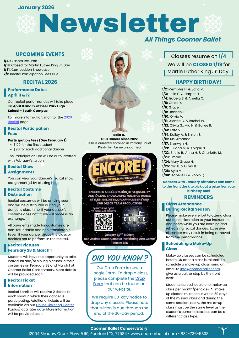 Monthly Newsletter — Coomer Ballet Conservatory
