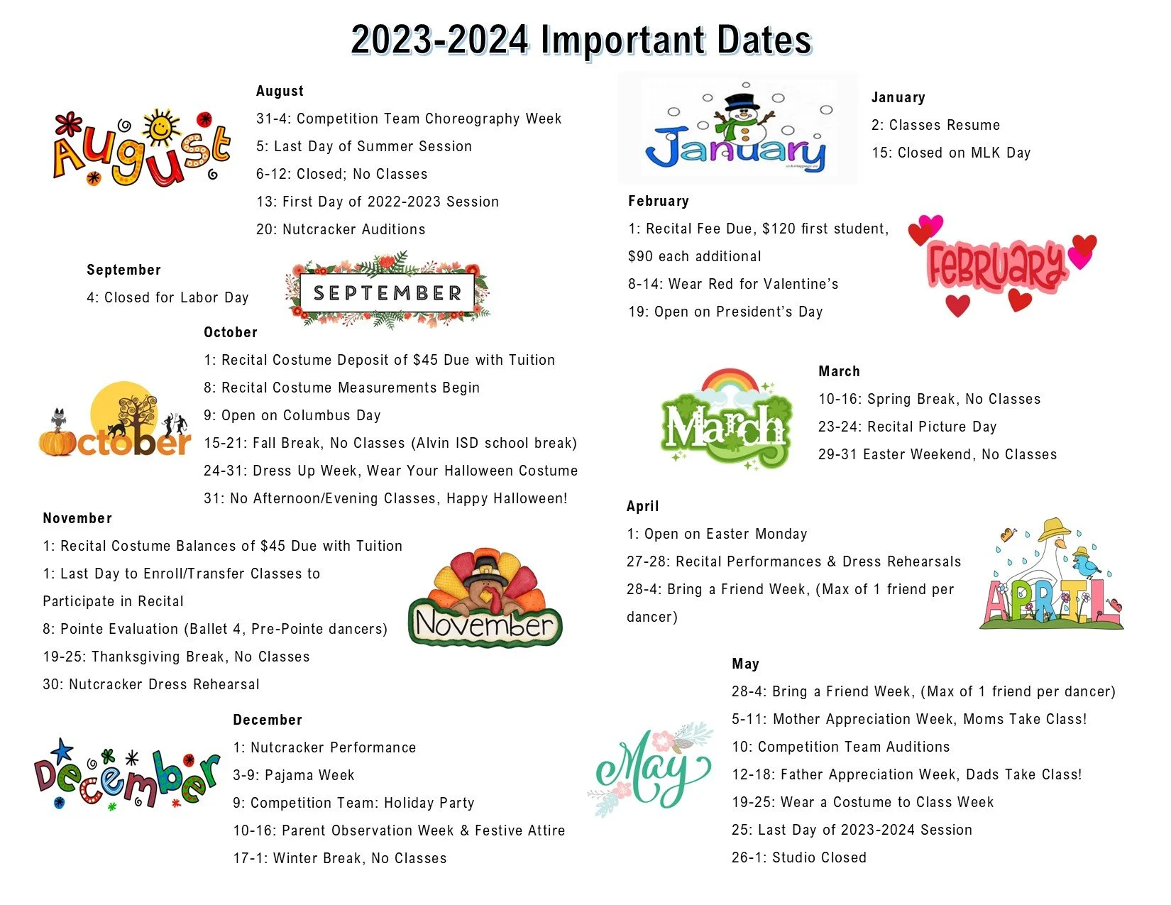 Important Dates — Coomer Ballet Conservatory