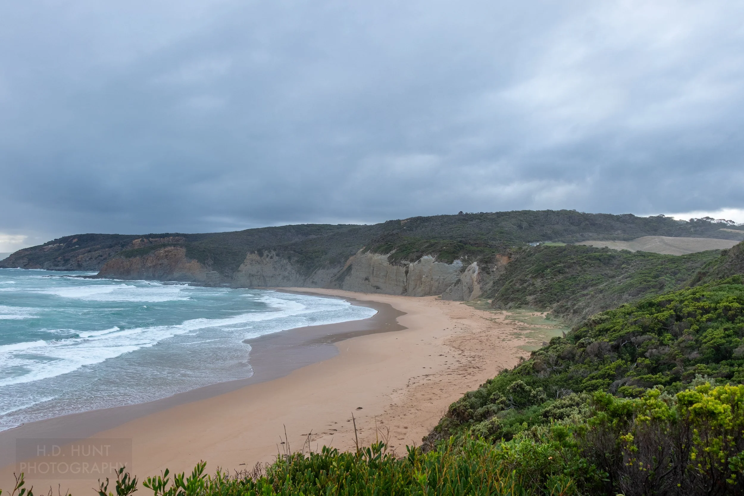 A wide pink beach runs dead-end into tall white cliffs on which are green trees and shrubs, The Great Ocean Walk, Victoria, Australia.