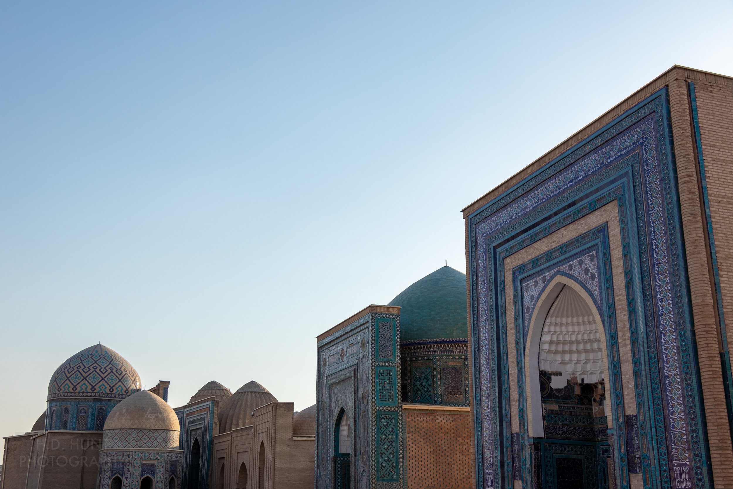 Exterior of tombs at the Shah-i-Zinda necropolis in Samarkand, Uzbekistan.