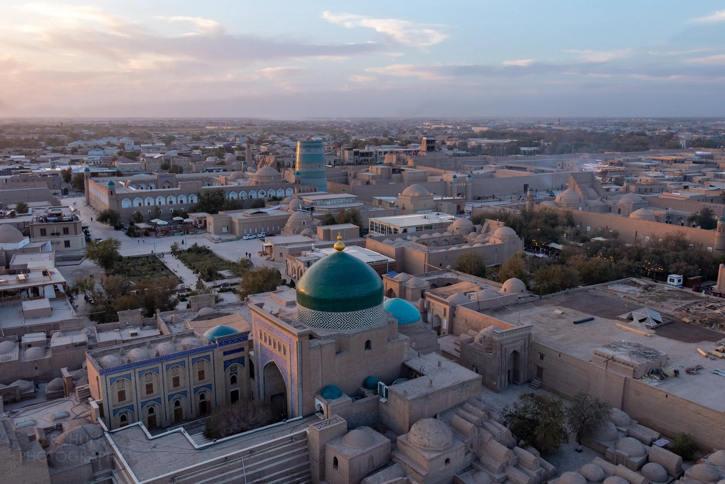 The Itchan Kala of Khiva is seen from the top of the Islam Khoja Minaret, Khiva, Uzbekistan.