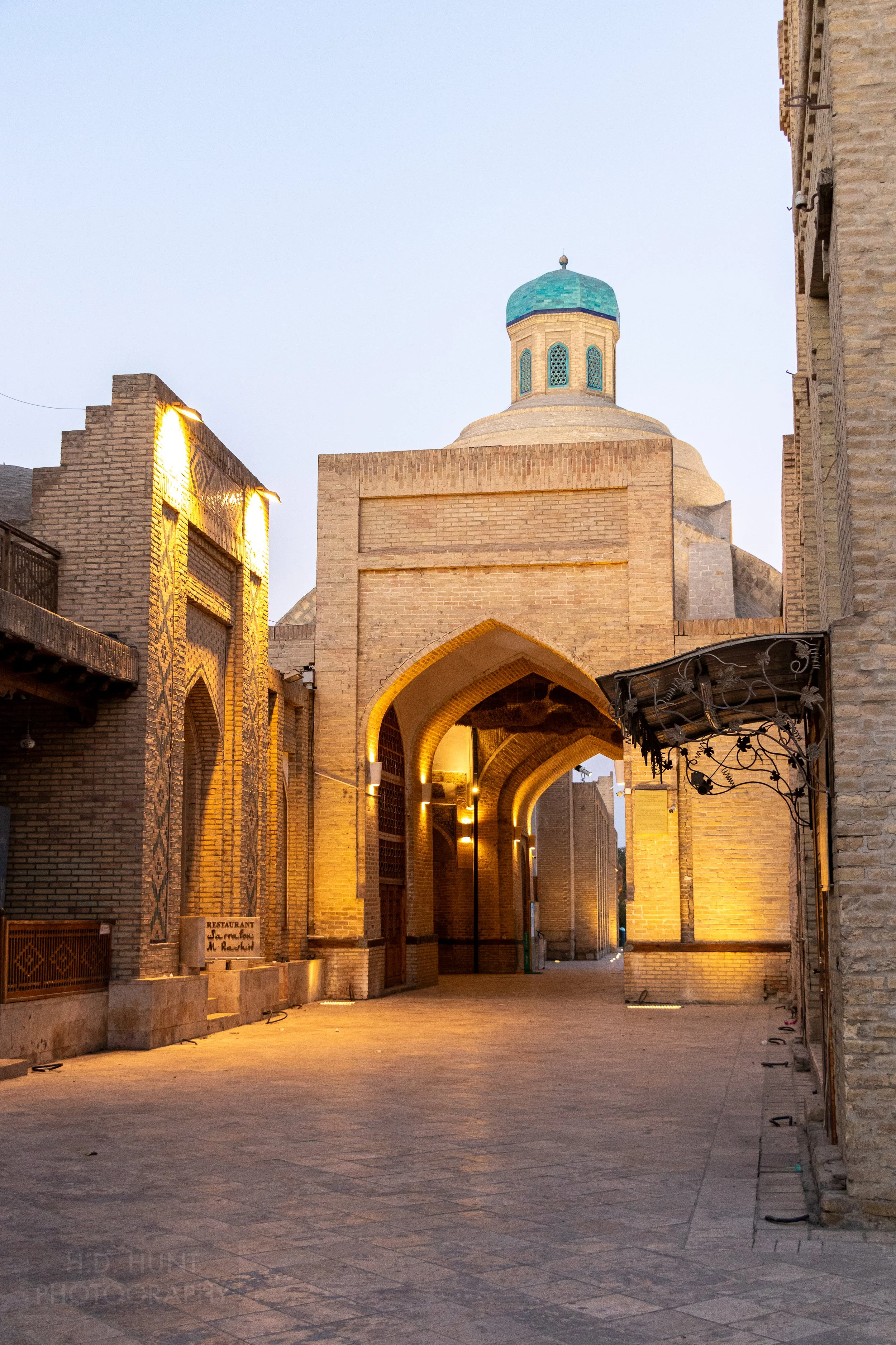 The exterior of the four-arched Toqi Sarrofon trading dome in Bukhara, Uzbekistan.