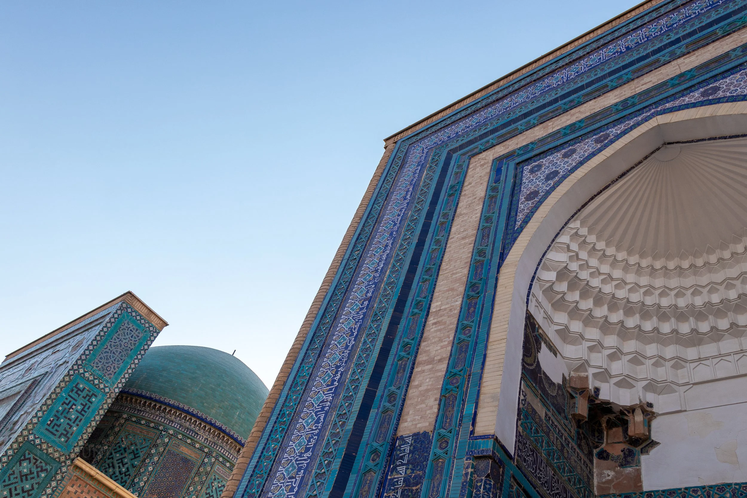 Tomb exterior at the Shah-i-Zinda necropolis in Samarkand, Uzbekistan.
