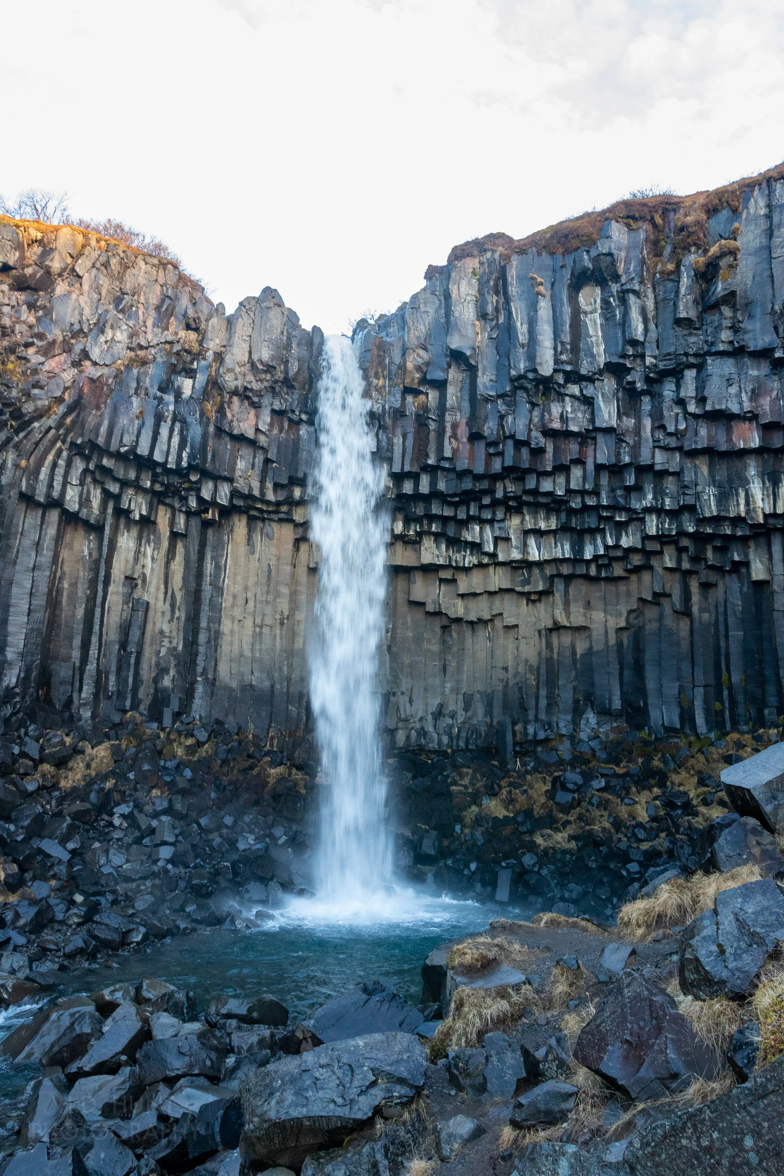 The waters of Svartifoss cascade over black basalt rock columns, Iceland.