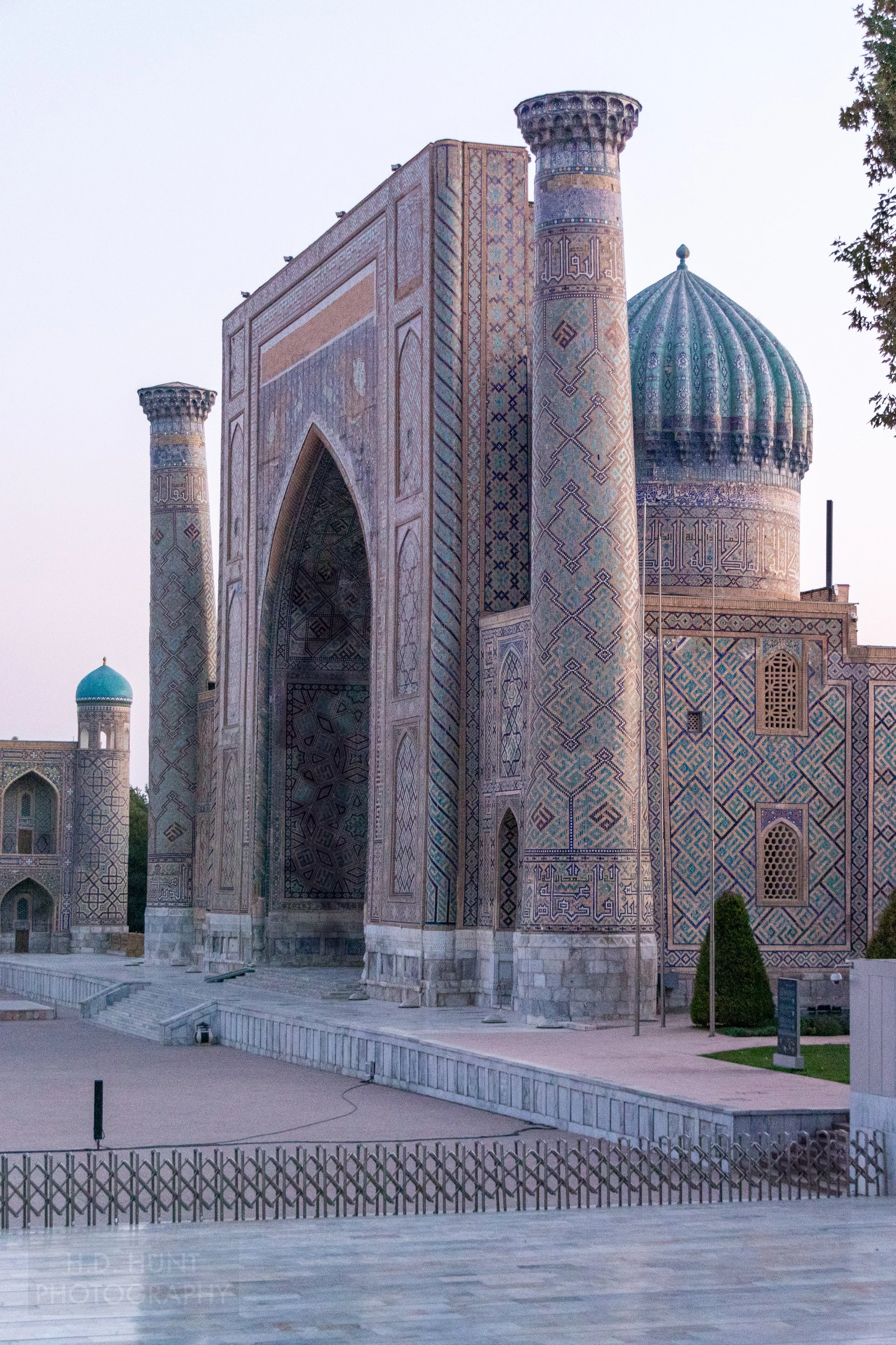 The Sher-Dor Madrasa at sunrise, Registan, Samarkand, Uzbekistan.
