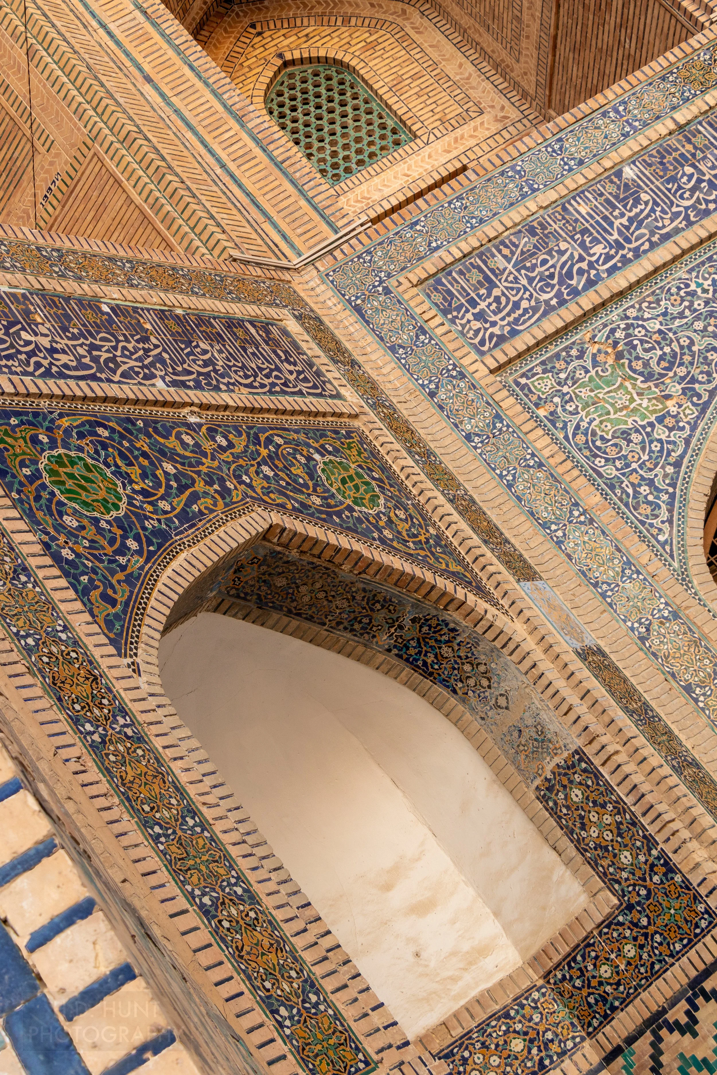 Close-up of the glazed tile work on the exterior of the Mir-i-Arab Madrasa, Bukhara, Uzbekistan.