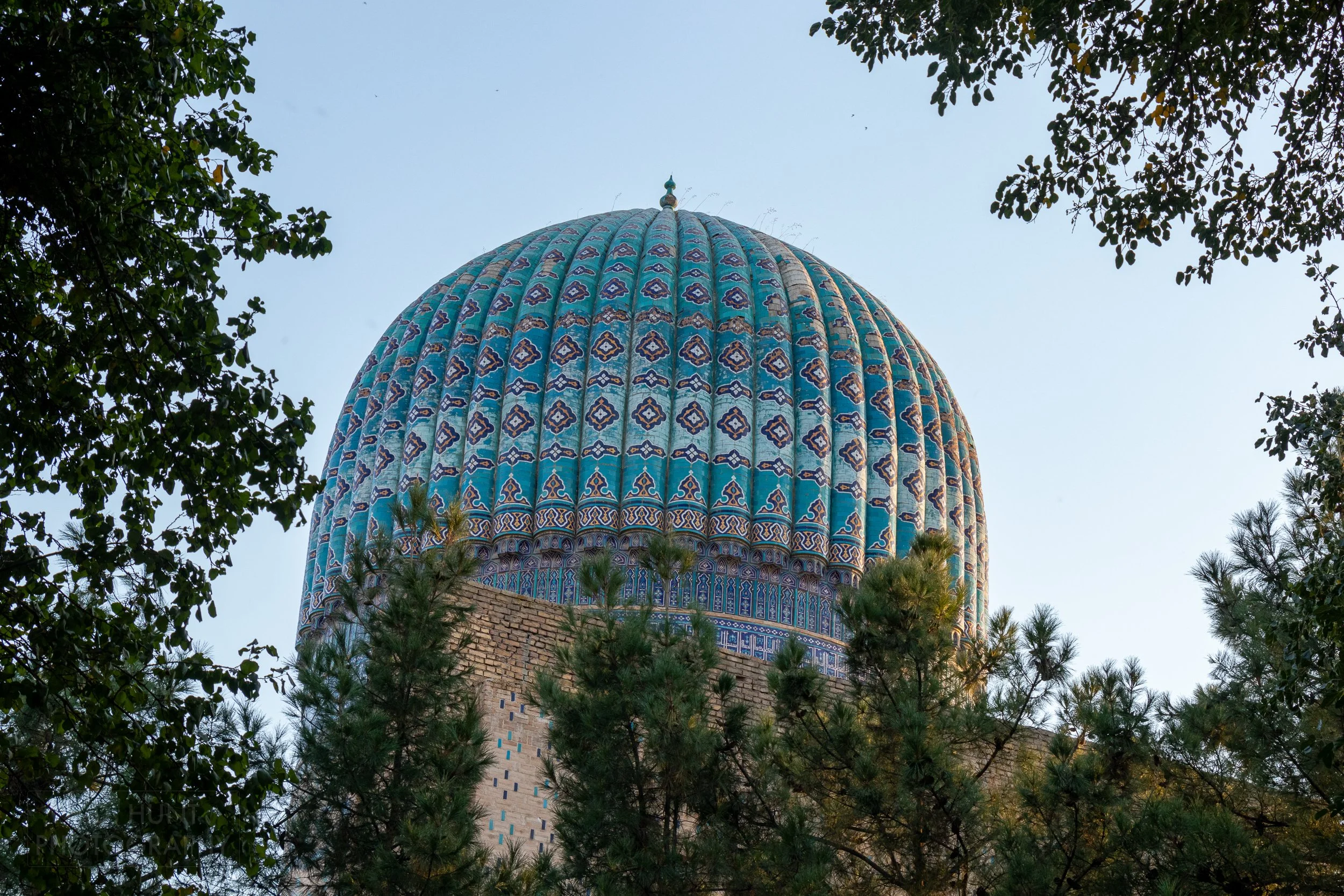 Exterior of a blue dome at the Bibi-Khanym Mosque, Samarkand, Uzbekistan.