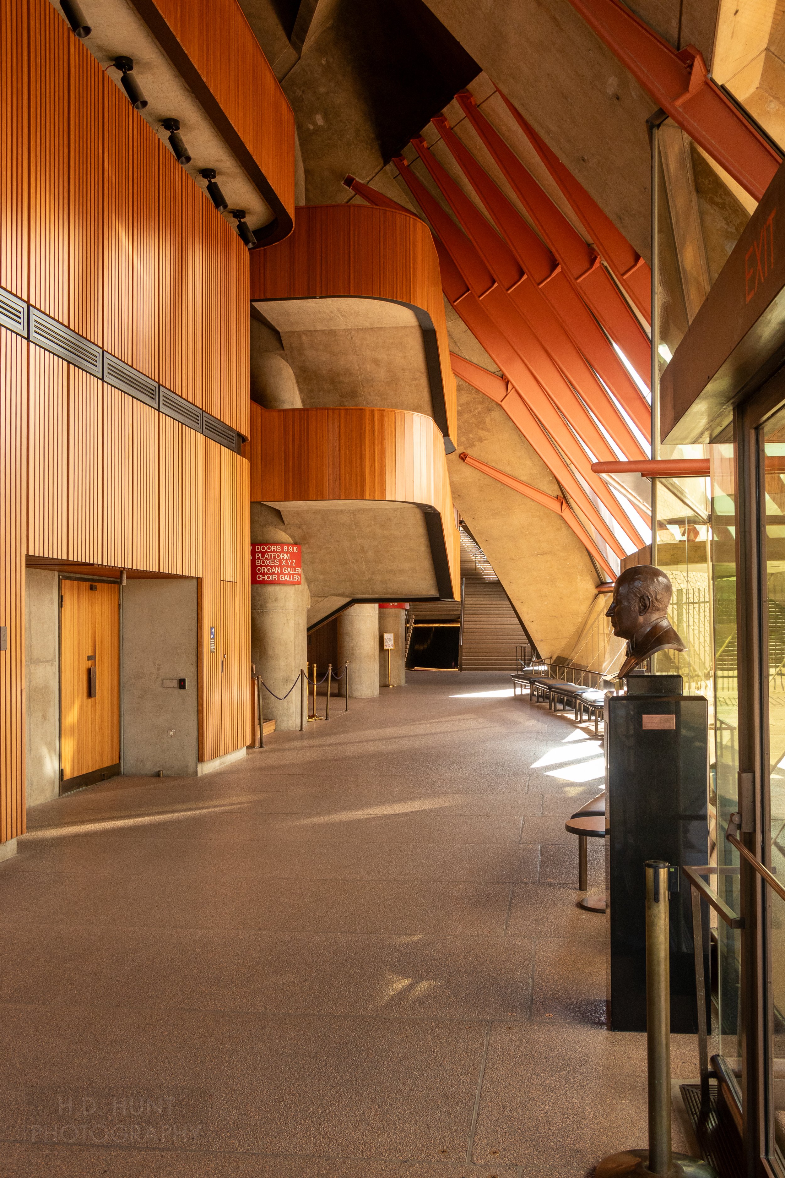 Staircases and pedestrian ramps inside the Sydney Opera House are seen in its interior, Sydney, New South Wales, Australia.