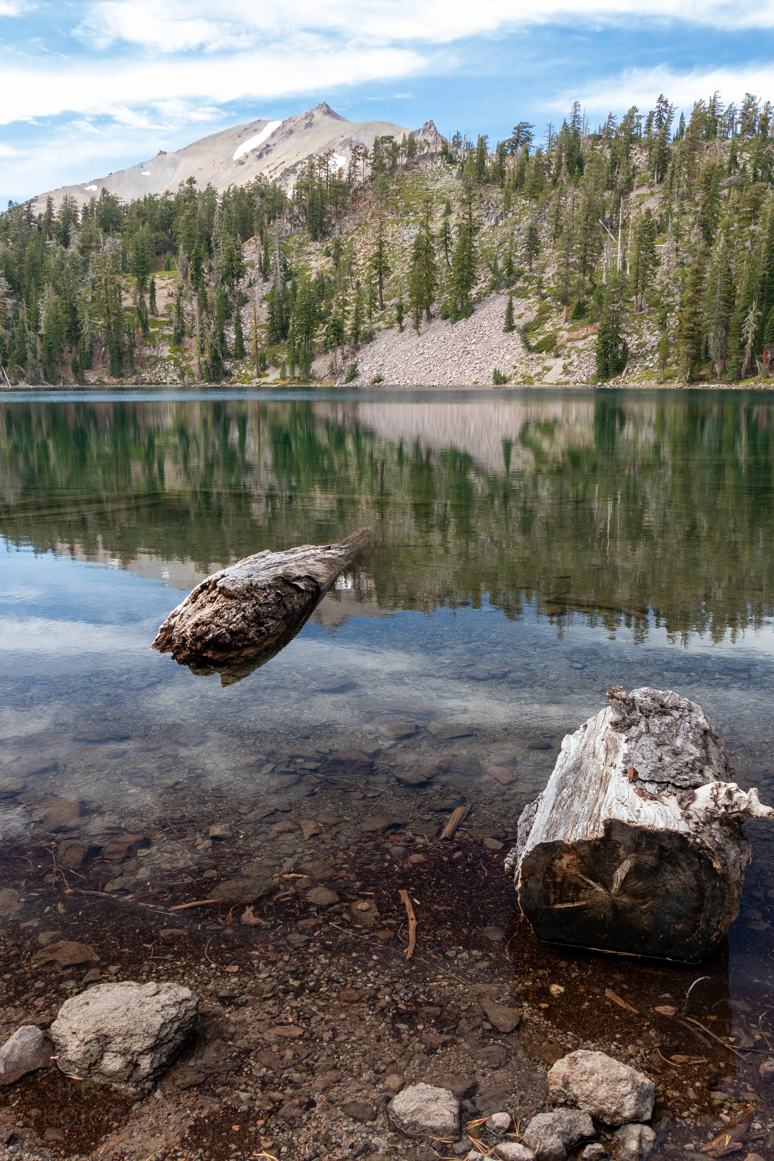 Tree trunk pieces rest on the bed of a clear lake which reflects a nearby hill, Lassen Volcanic National Park, California, United States.