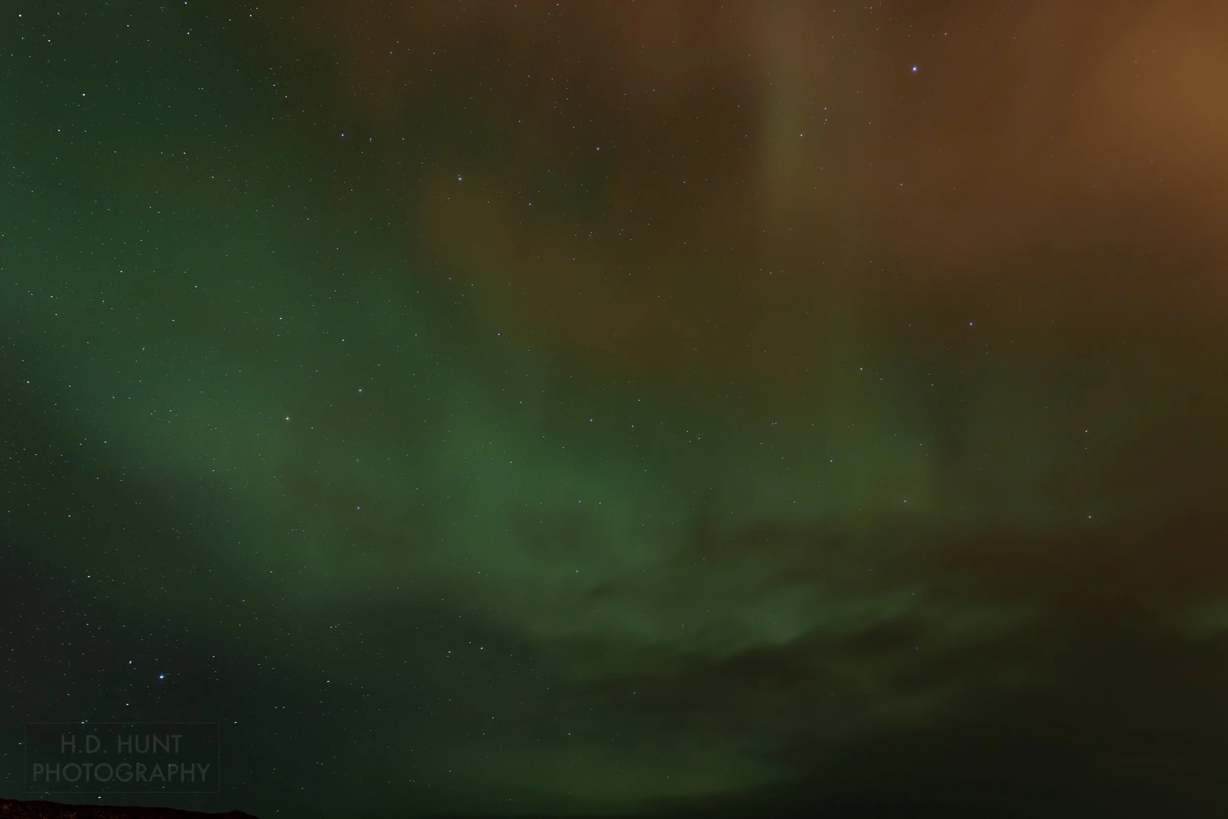 The green light of Aurora Borealis - the Northern Lights - is seen north of Reykholt í Biskupstungum, Iceland.