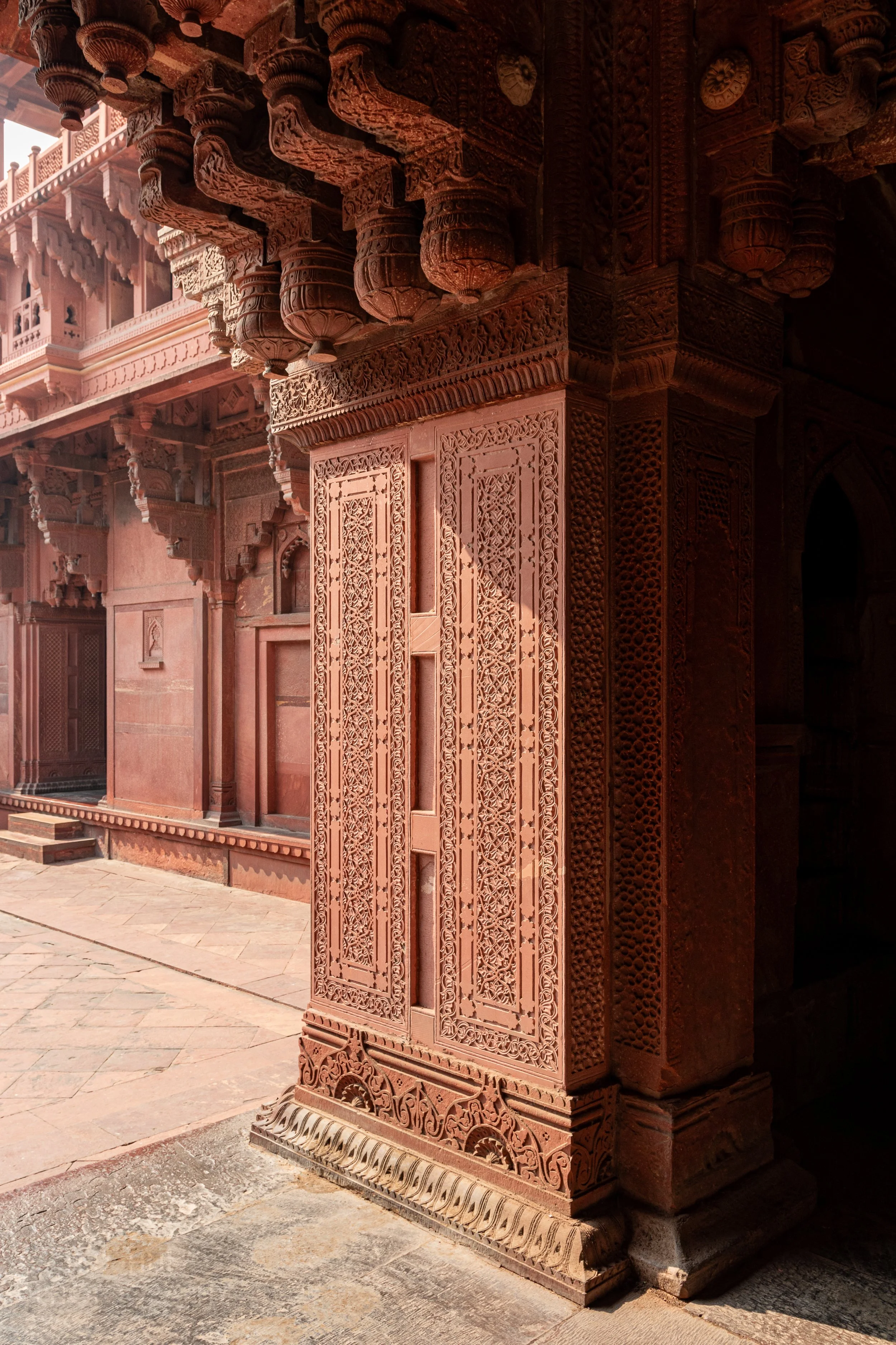 An intricately carved column is seen inside Agra Fort, Agra, India.
