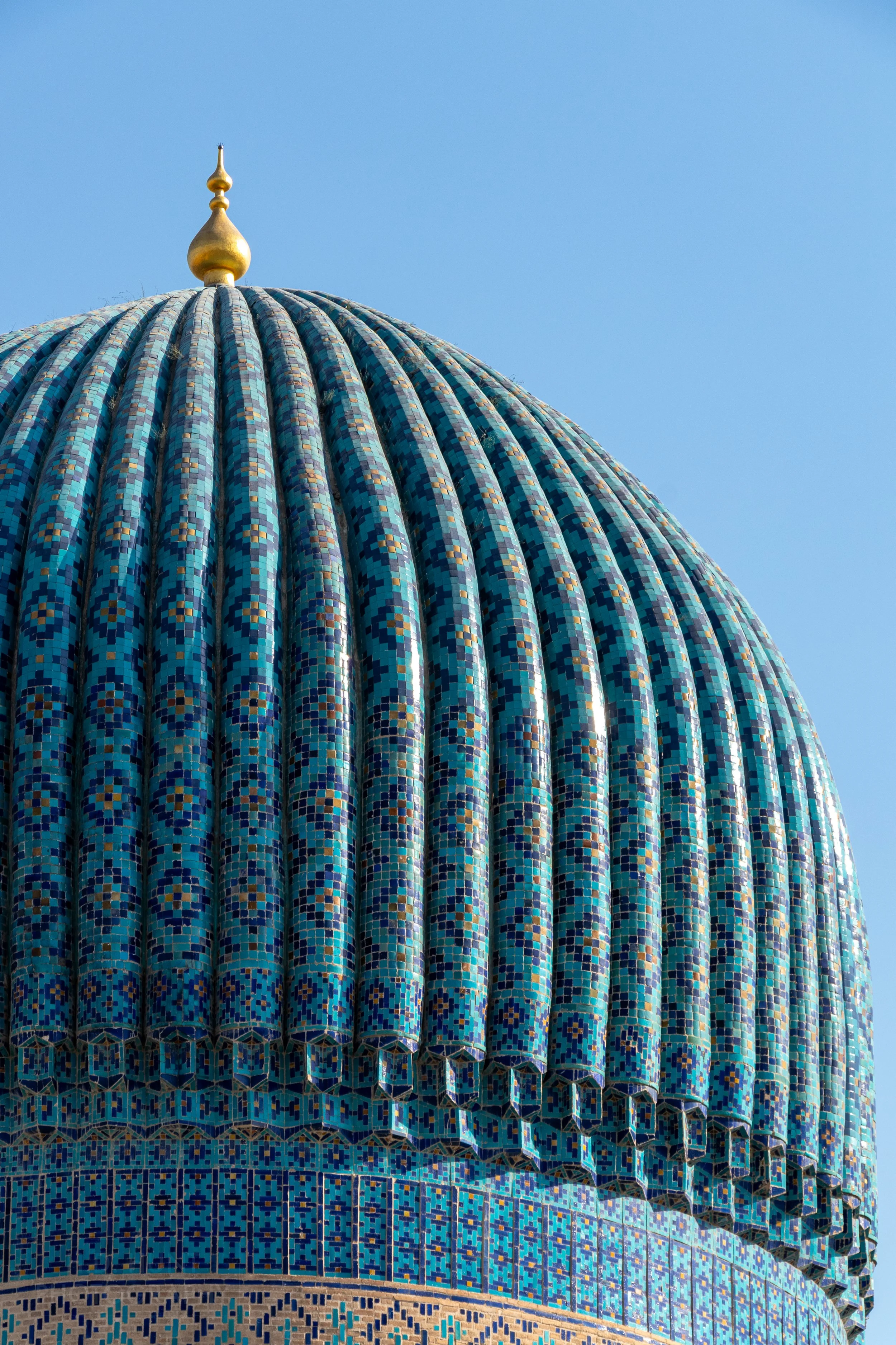 Close-up of the blue central dome of the Amir Temur Mausoleum in Samarkand, Uzbekistan.