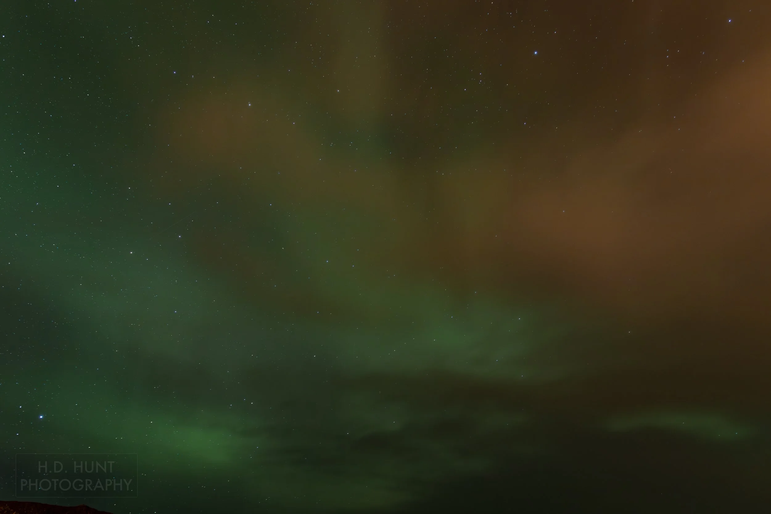 The green light of Aurora Borealis - the Northern Lights - is seen north of Reykholt í Biskupstungum, Iceland.