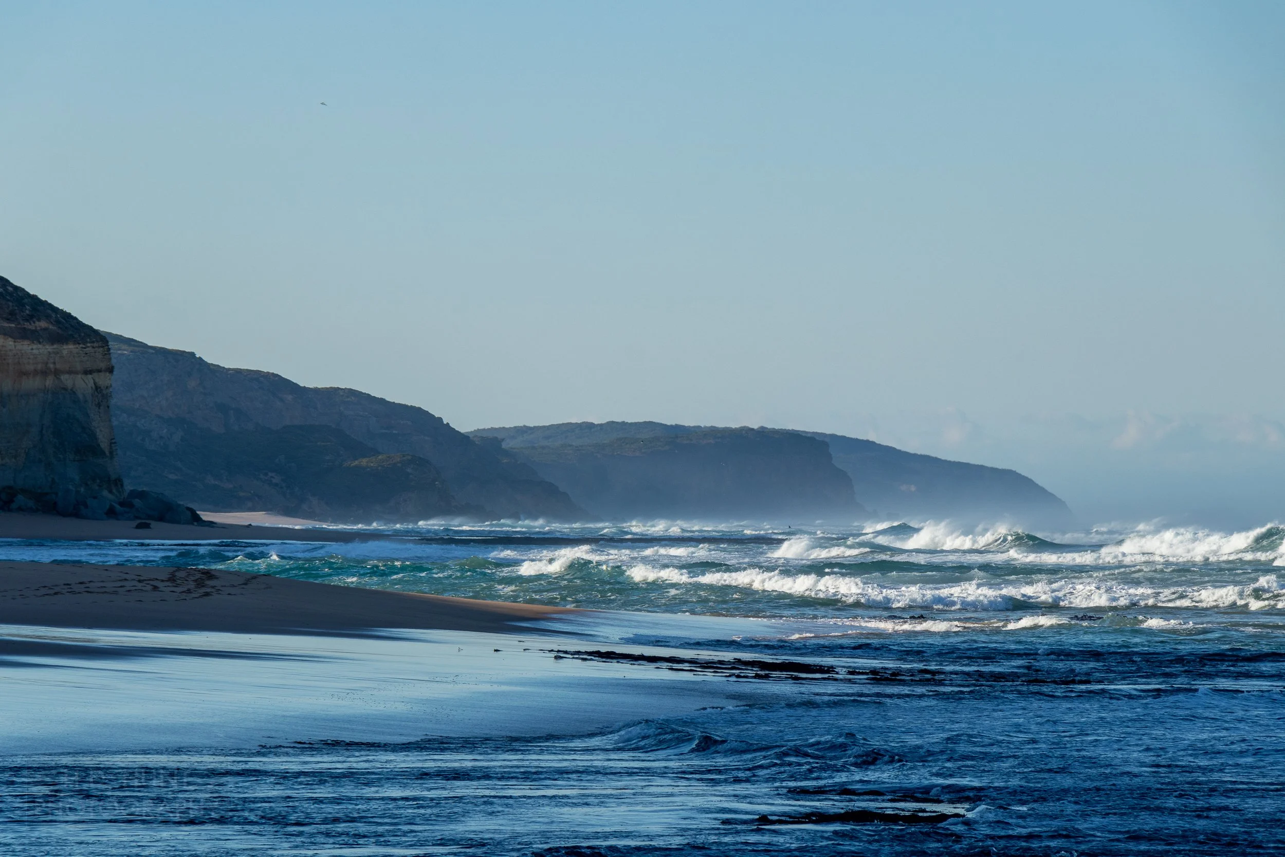 Large waves crash against Gibson Beach, Victoria, Australia.