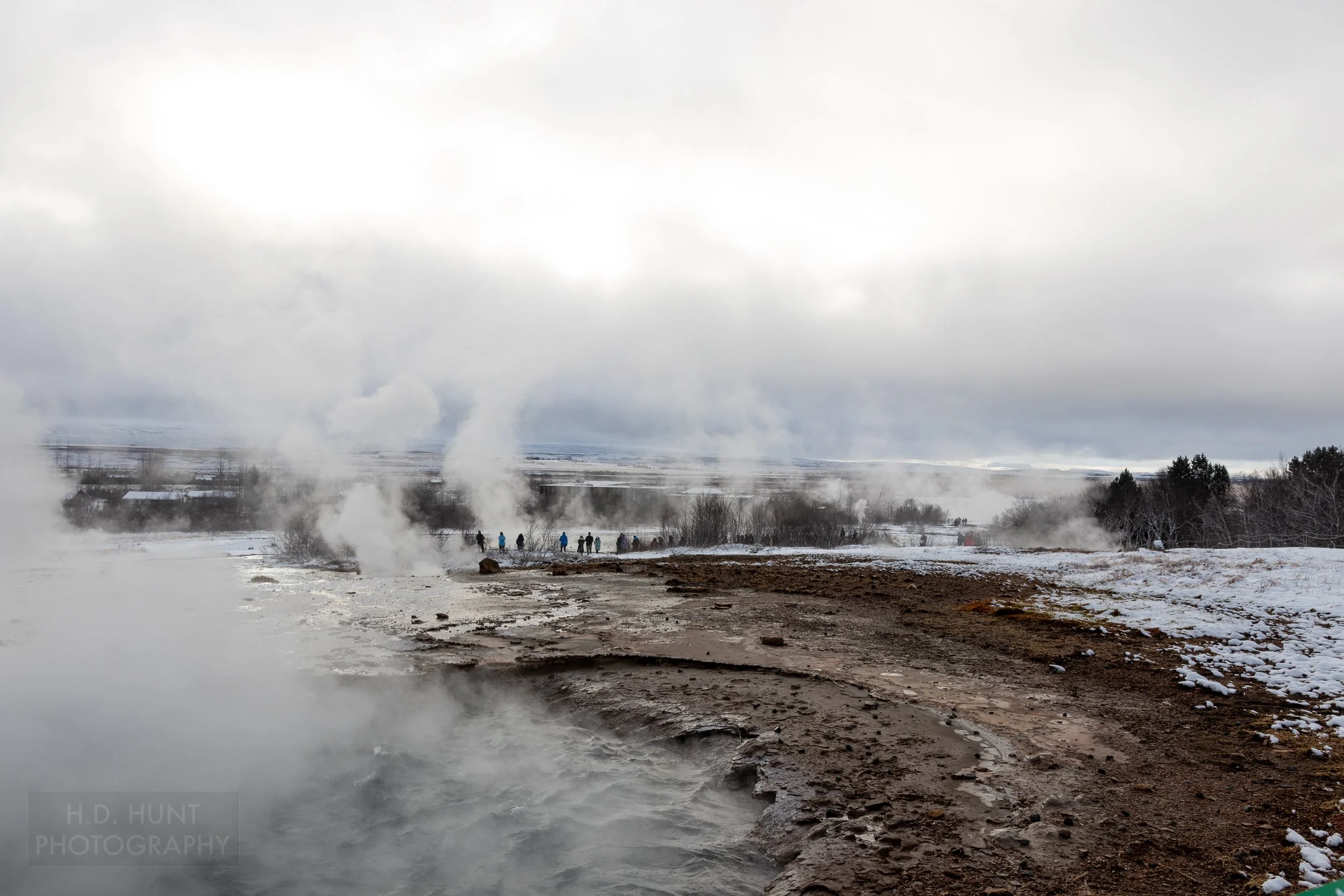 Steam rises from geothermal vents in the ground at Haukadalur, Iceland.