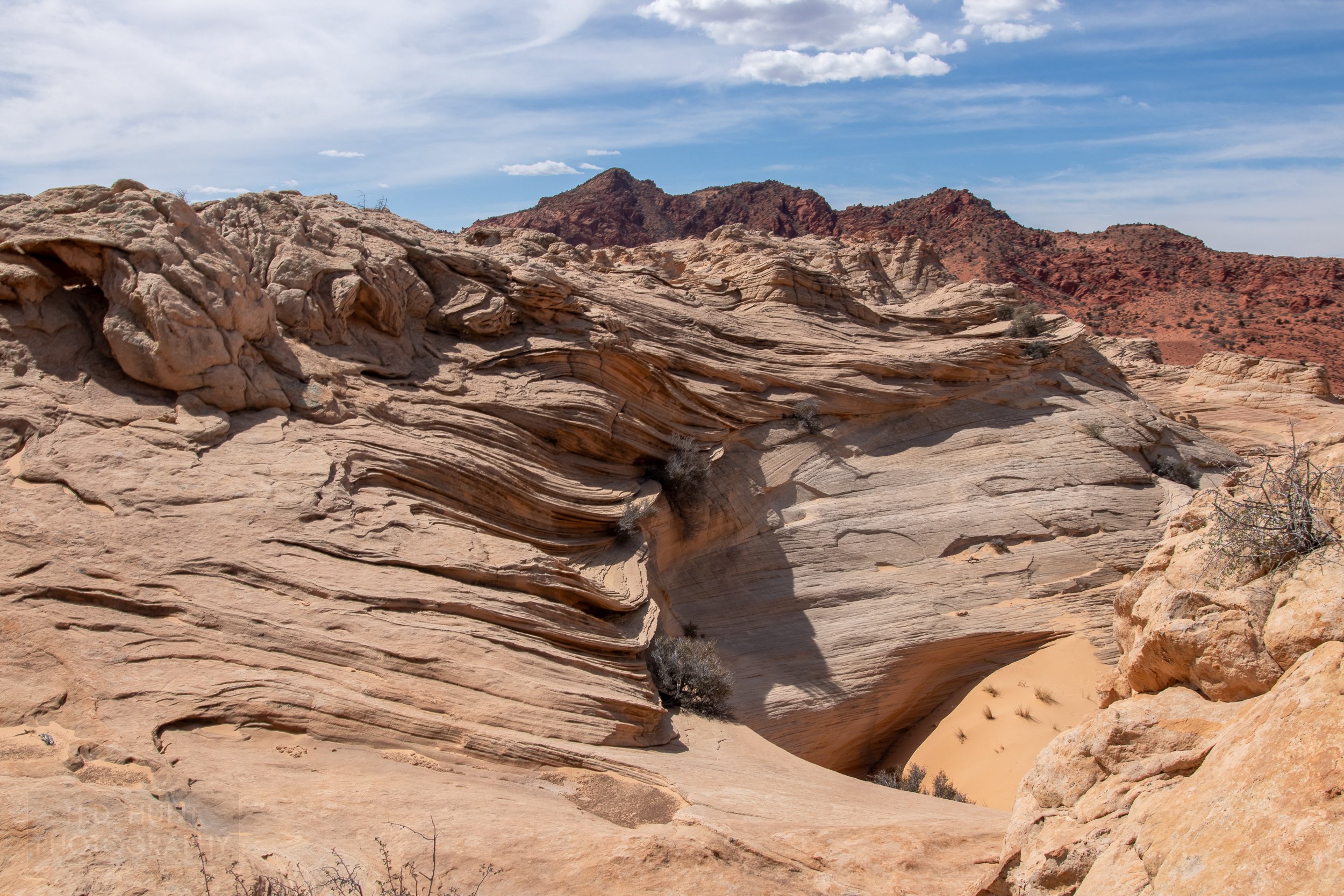 Deformed white sandstone is seen in the desert of Coyote Buttes North, Paria Canyon-Vermilion Cliffs Wilderness, Arizona, United States.