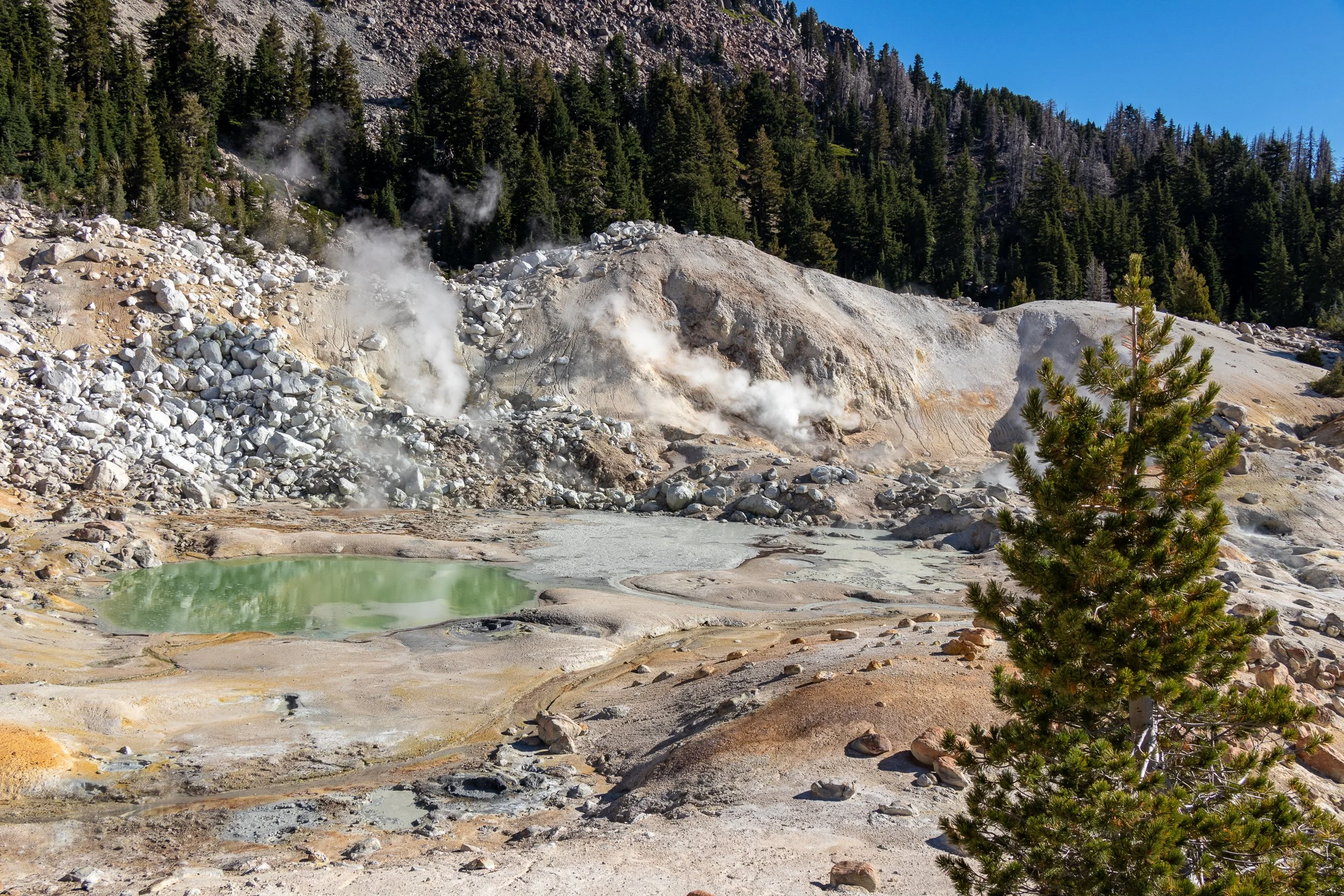 A small green pond and a milky grey stream appear in front of a tan rock wall with white boulders from which steam rises, Bumpass Hell, Lassen Volcanic National Park, California, United States.