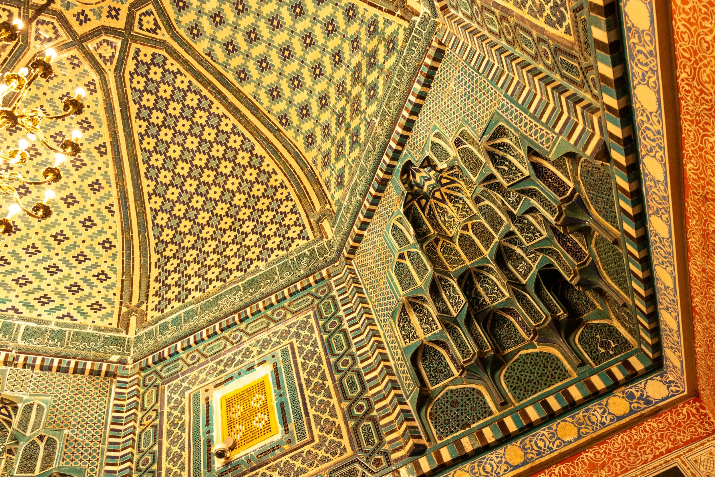 Interior of the tomb of Qutham ibn Abbasat the Shah-i-Zinda necropolis in Samarkand, Uzbekistan.