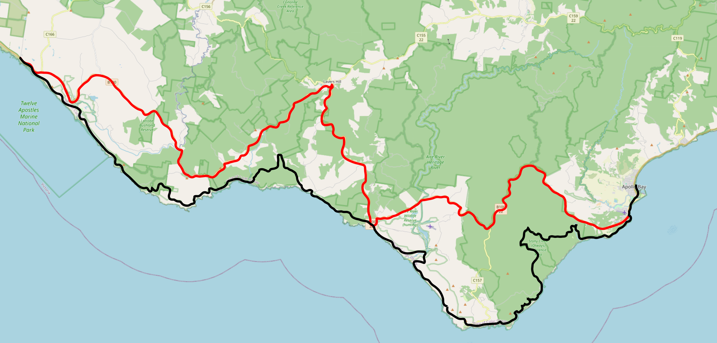 Map depicting the routes of the Great Ocean Walk and Great Ocean Road between Apollo Bay and the Twelve Apostles.