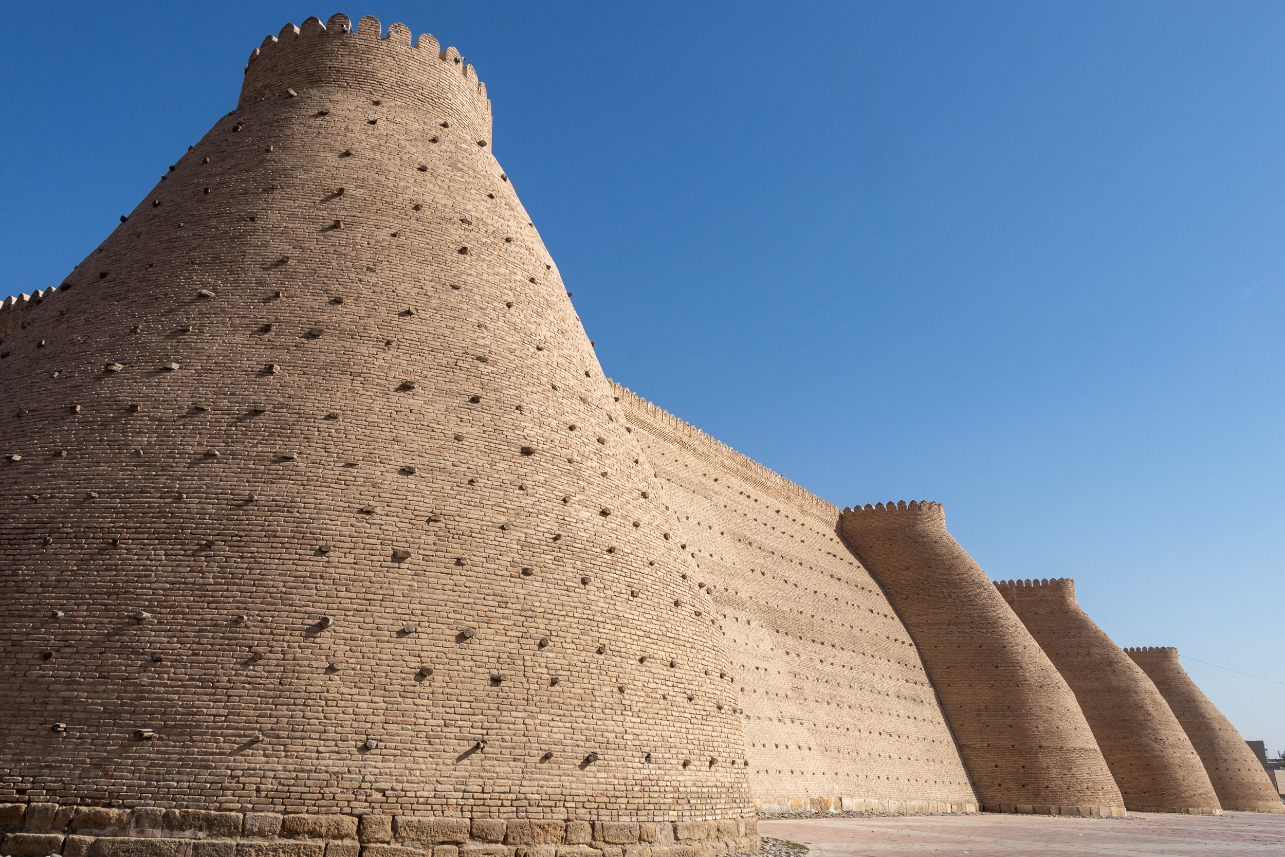 The large stone walls of the Ark of Bukhara, Uzbekistan.