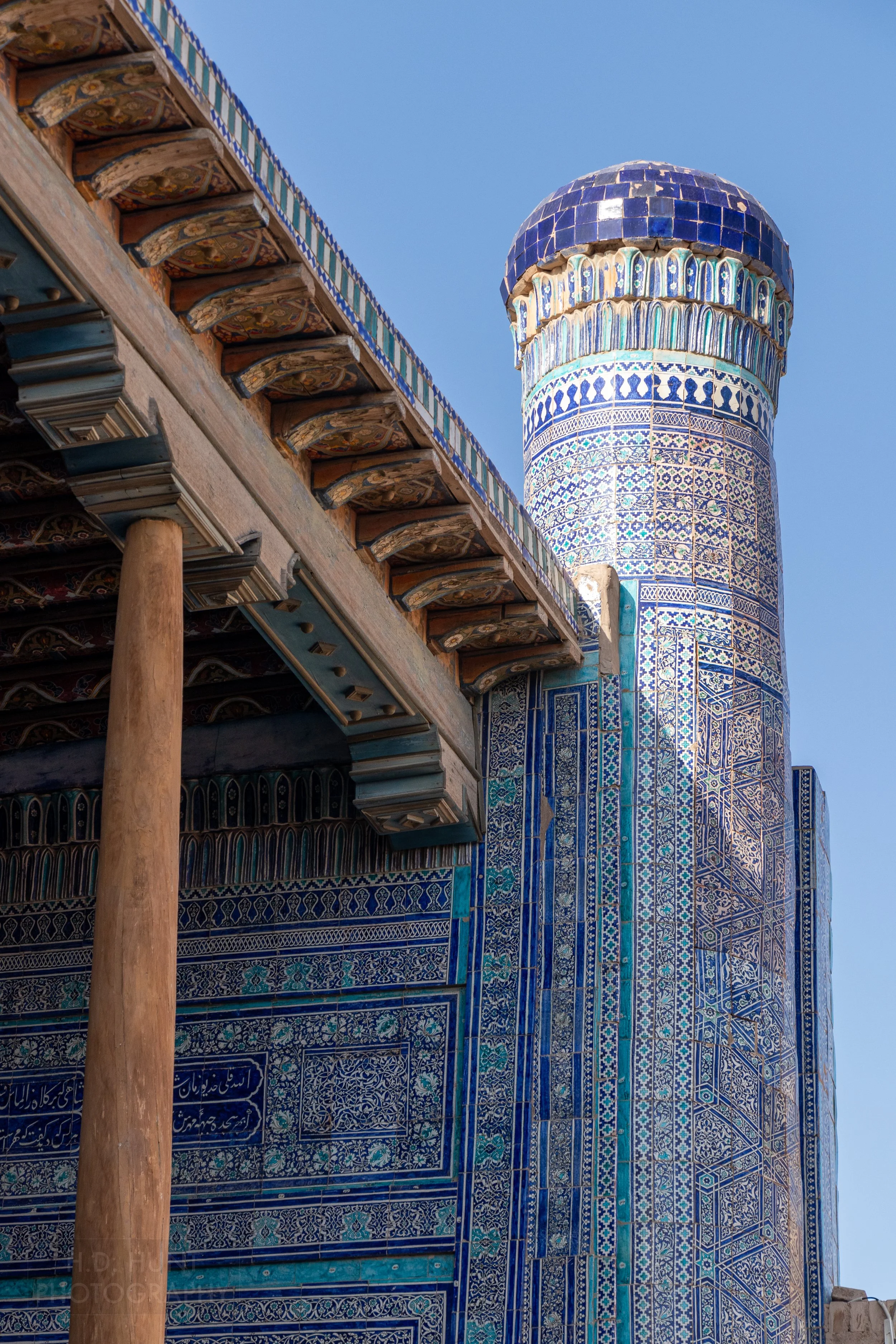 Ornate blue and green tile work is seen on the Summer Mosque of the Kuhna Ark in Khiva, Uzbekistan.