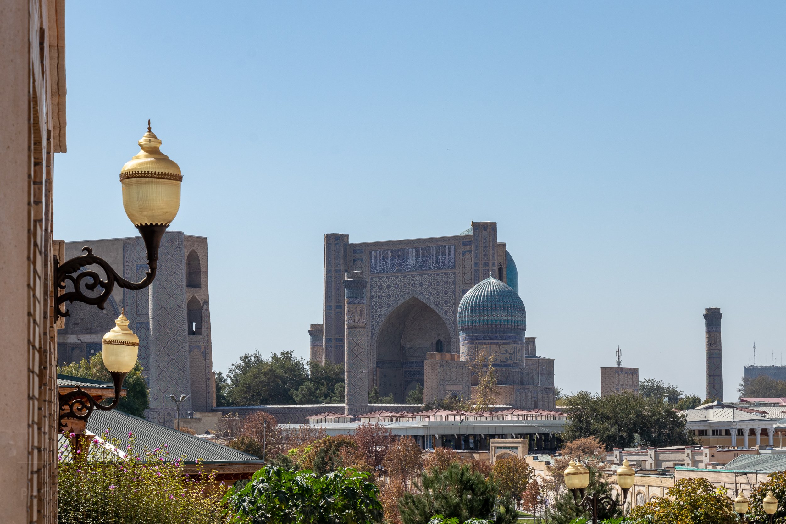The Siyob Bazaar in the foreground with Bibi-Khanym Mosque in the background, Samarkand, Uzbekistan.