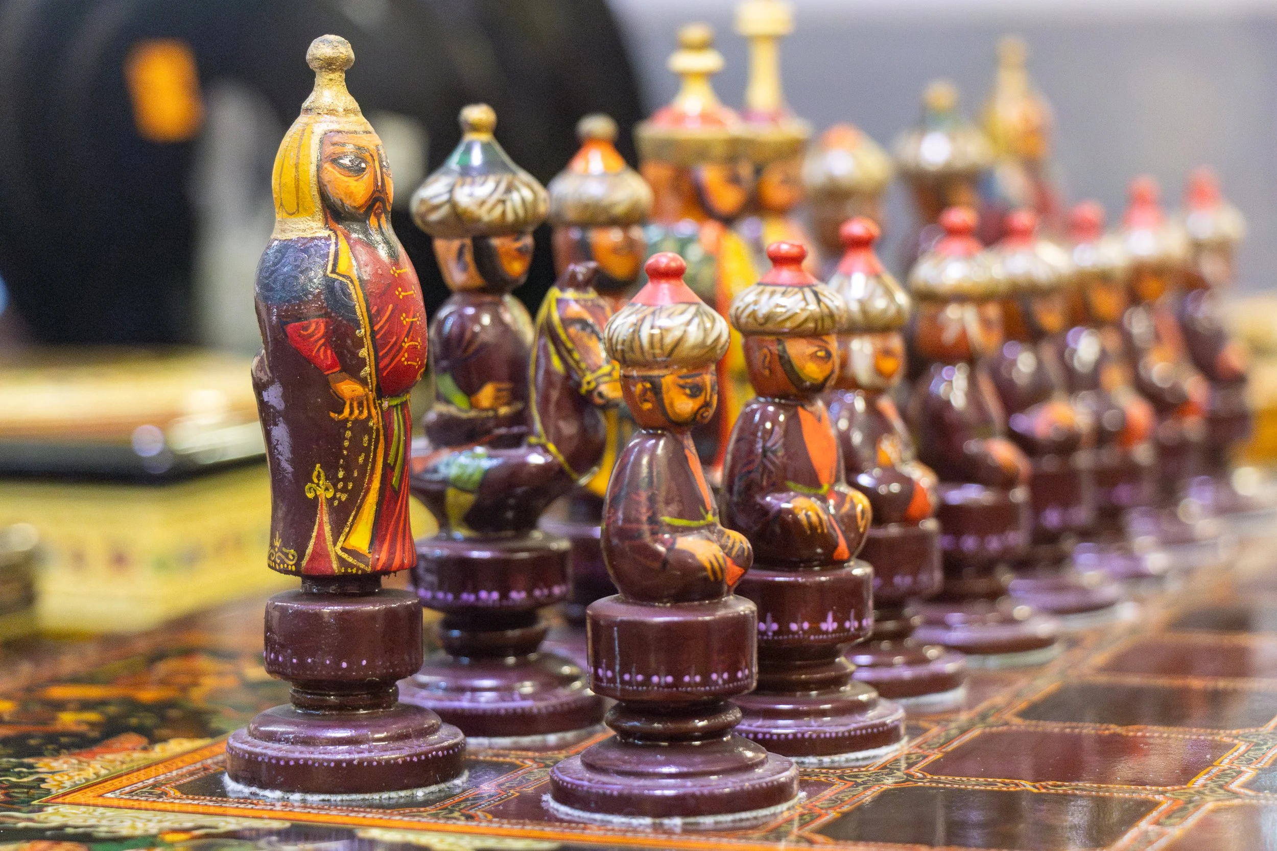 A carved and painted chess set is seen on display at the Museum of Applied Arts, Tashkent, Uzbekistan.
